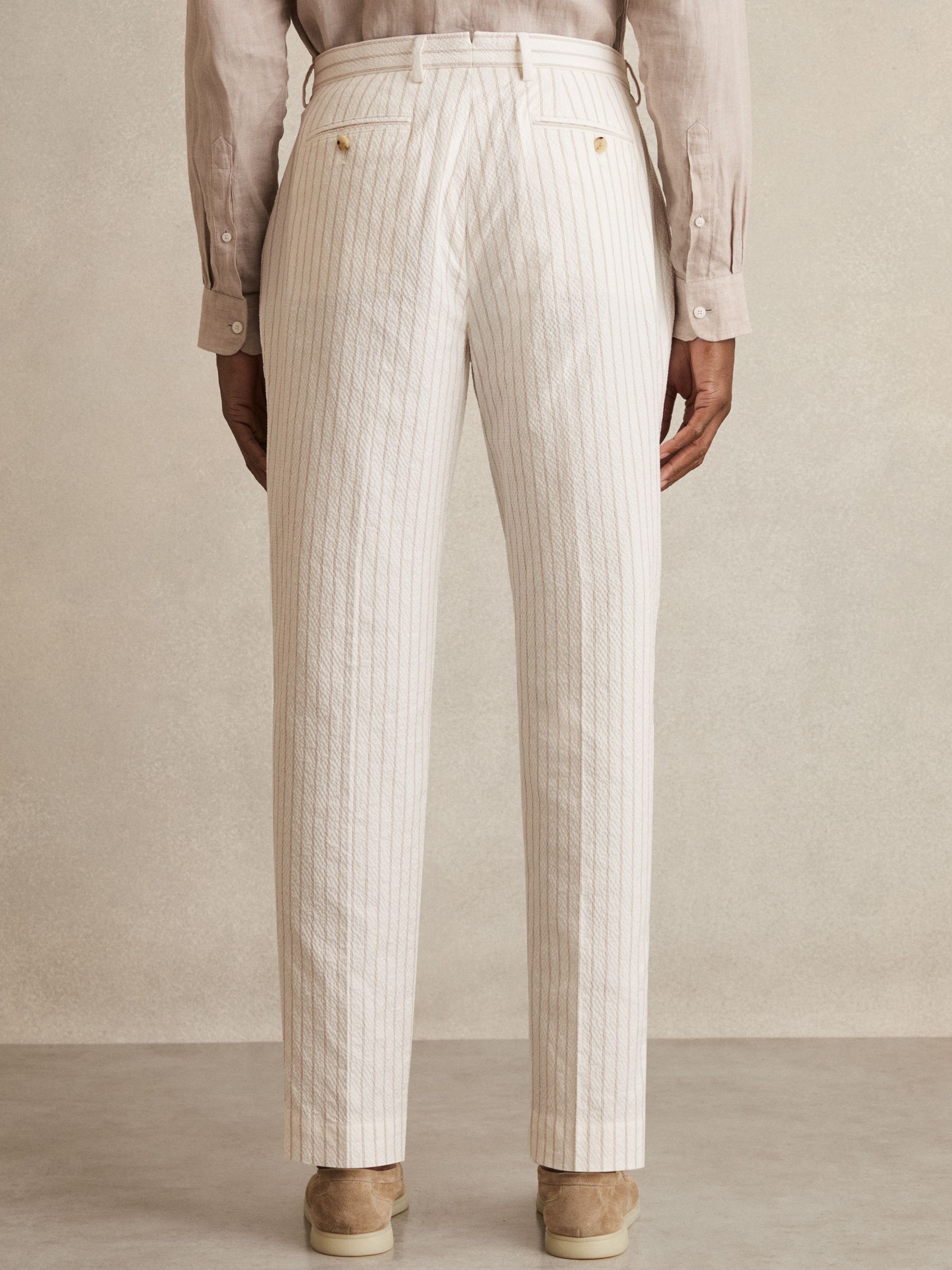 Regular-Fit Cotton-Blend Pinstripe Trousers in Off White/Taupe Brown - Image 6 of 8