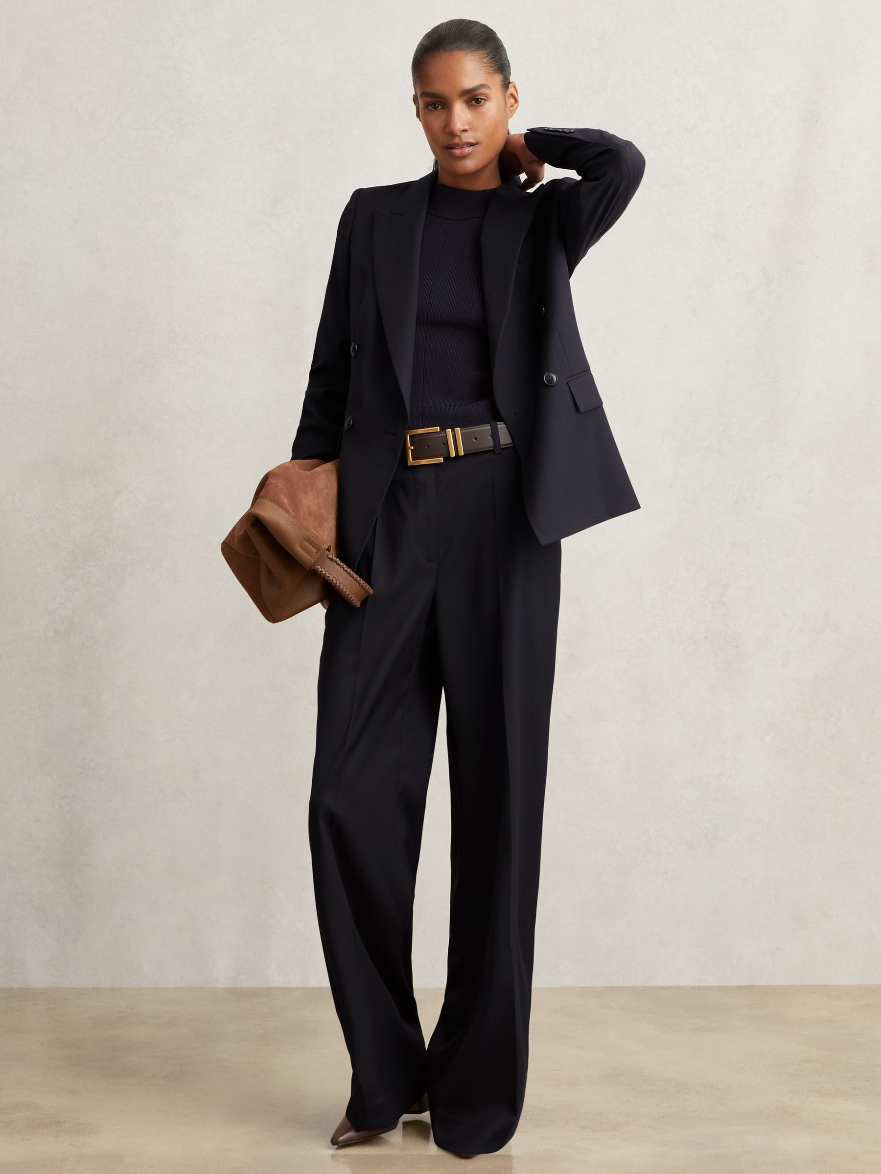 Wool-Blend Wide-Leg Suit Trousers in Navy - Image 1 of 6