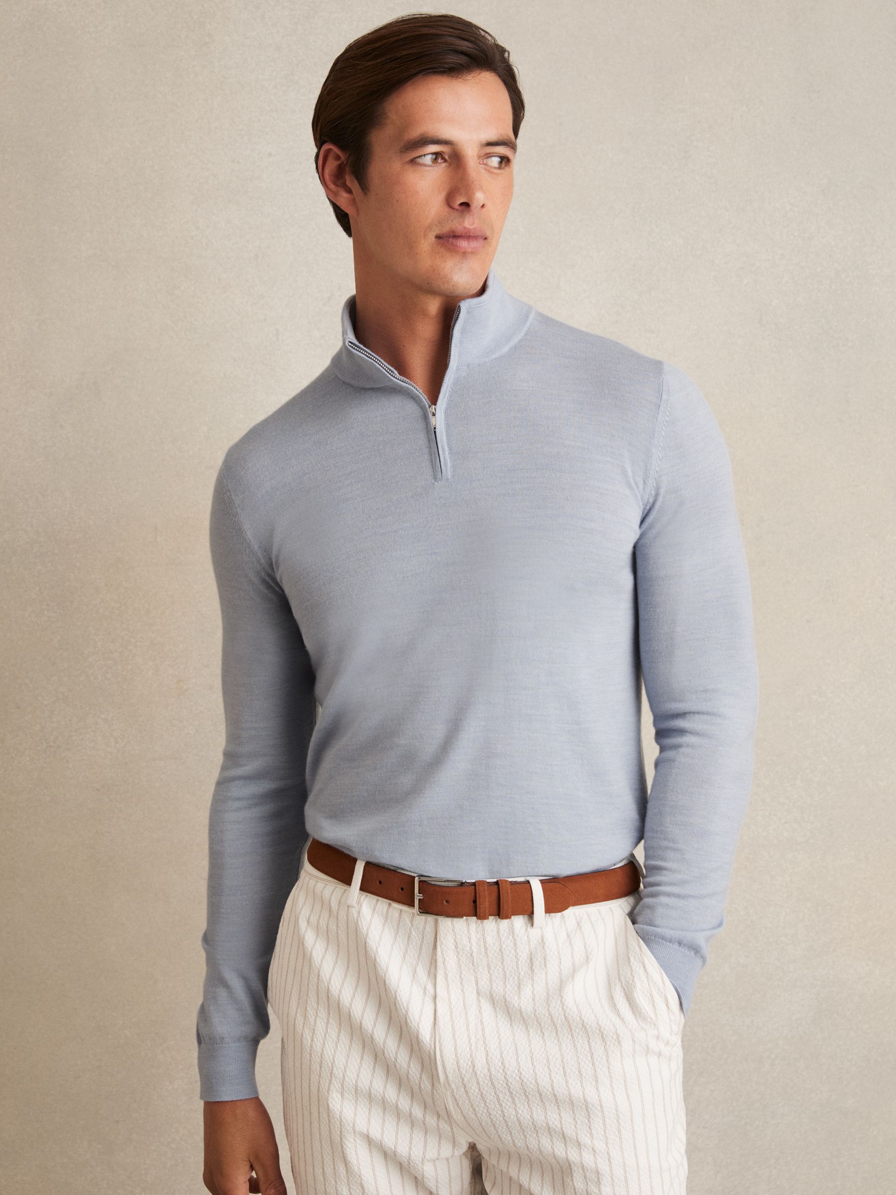 Merino Wool Half-Zip Funnel Neck Jumper in Soft Blue - Image 1 of 5