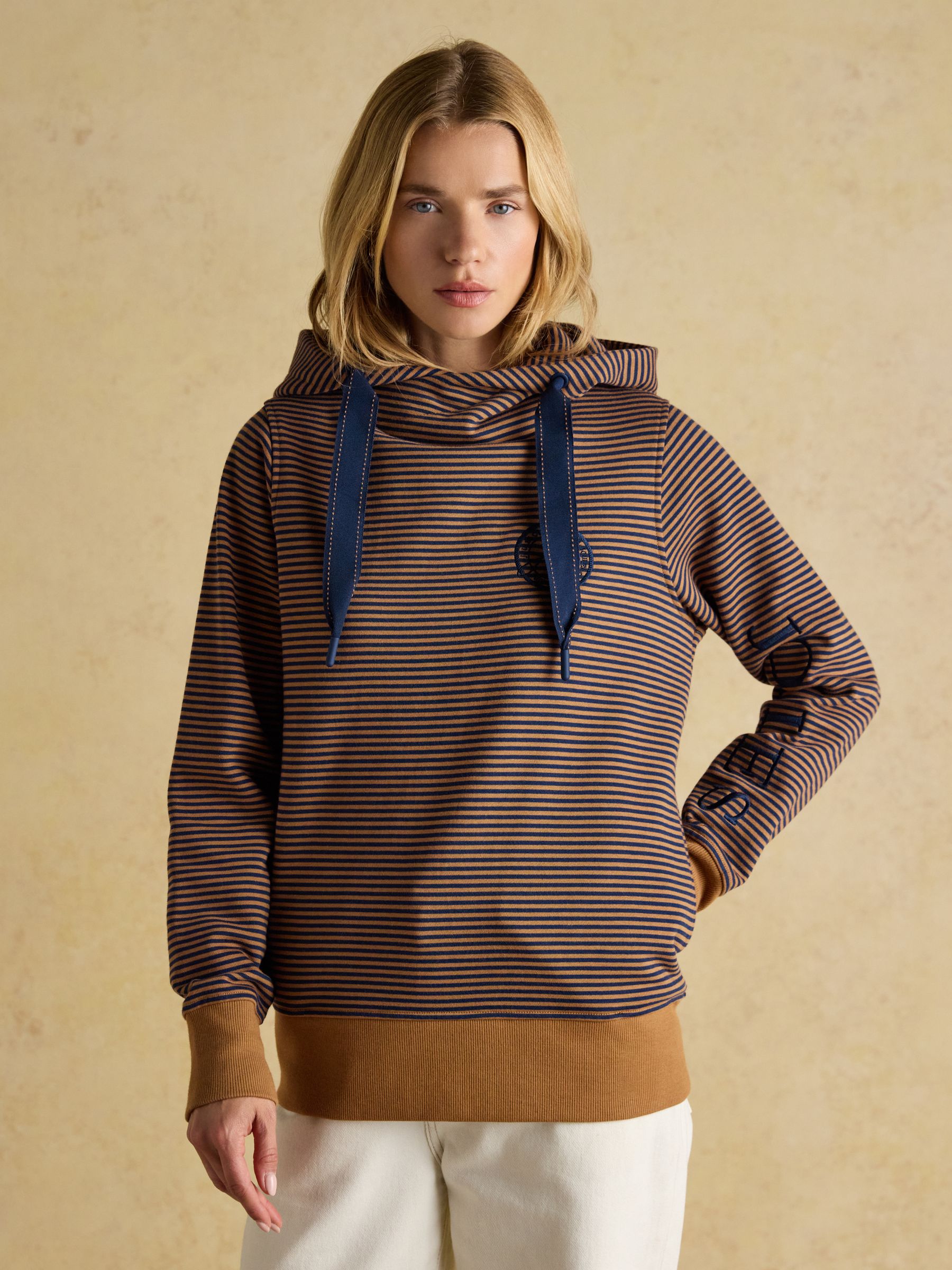 Rushton Tan/Navy Stripe Cotton Cowl Neck Hoodie - Image 1 of 8