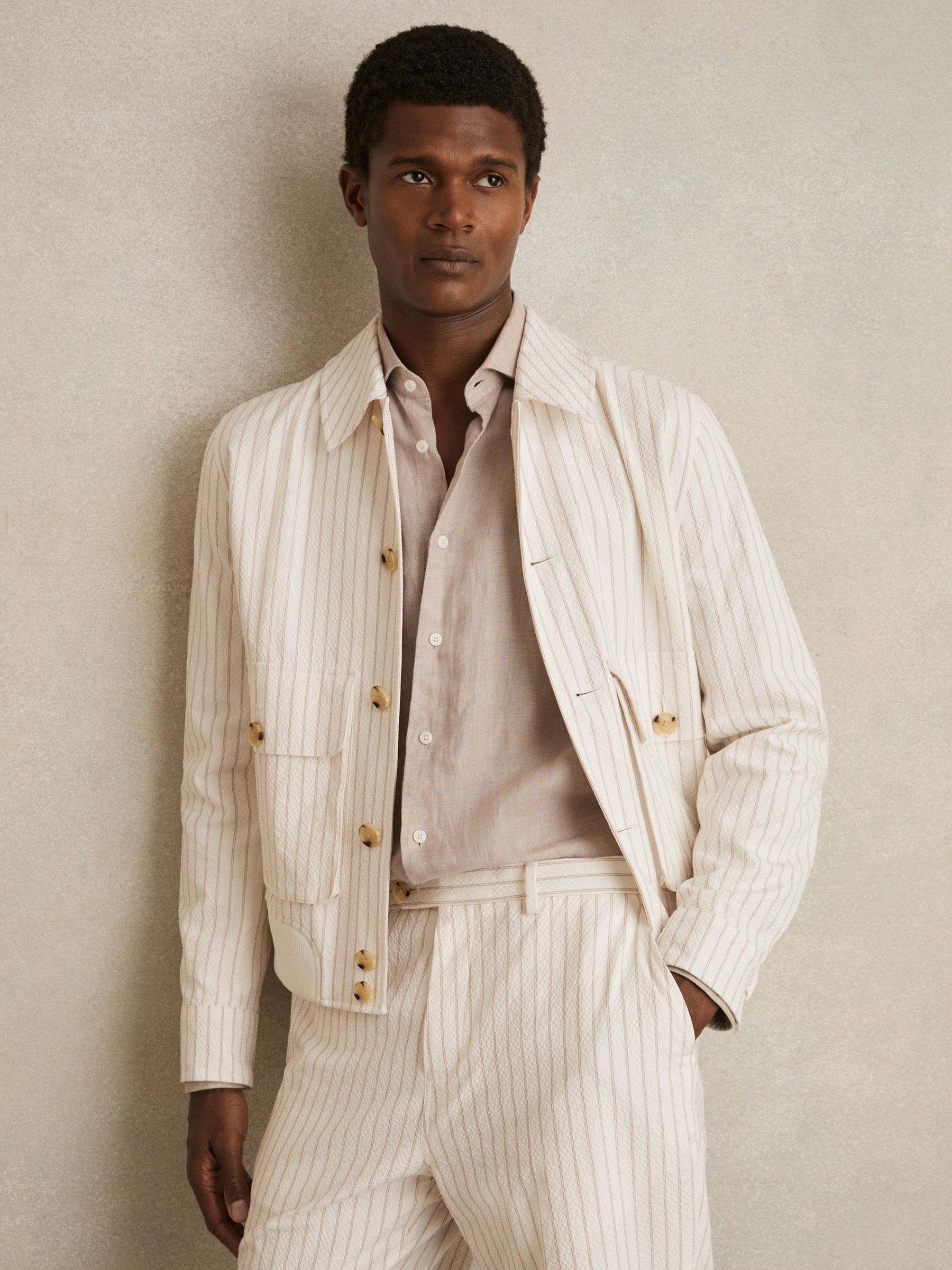 Cotton-Blend Pinstripe Harrington Jacket in Off White/Taupe Brown - Image 1 of 7