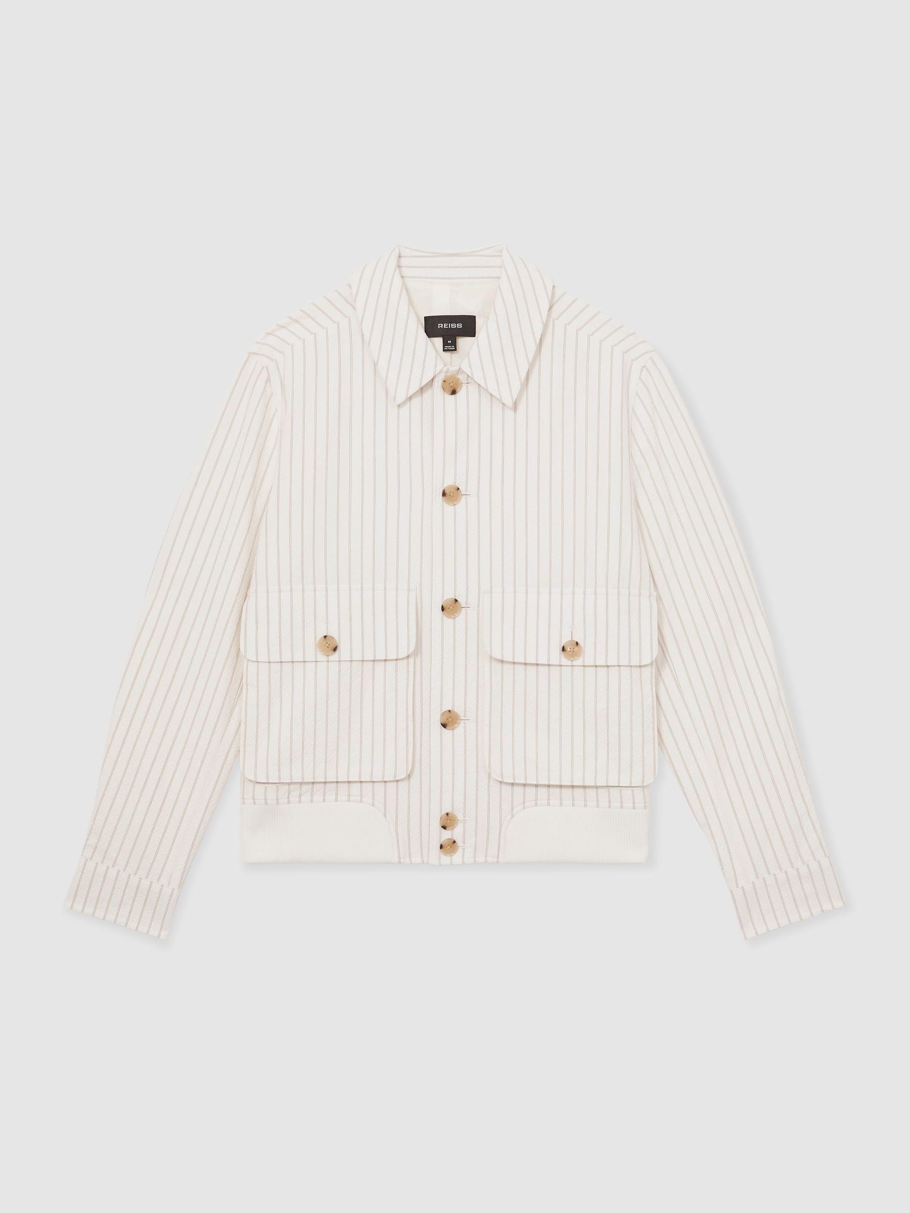 Cotton-Blend Pinstripe Harrington Jacket in Off White/Taupe Brown - Image 2 of 7
