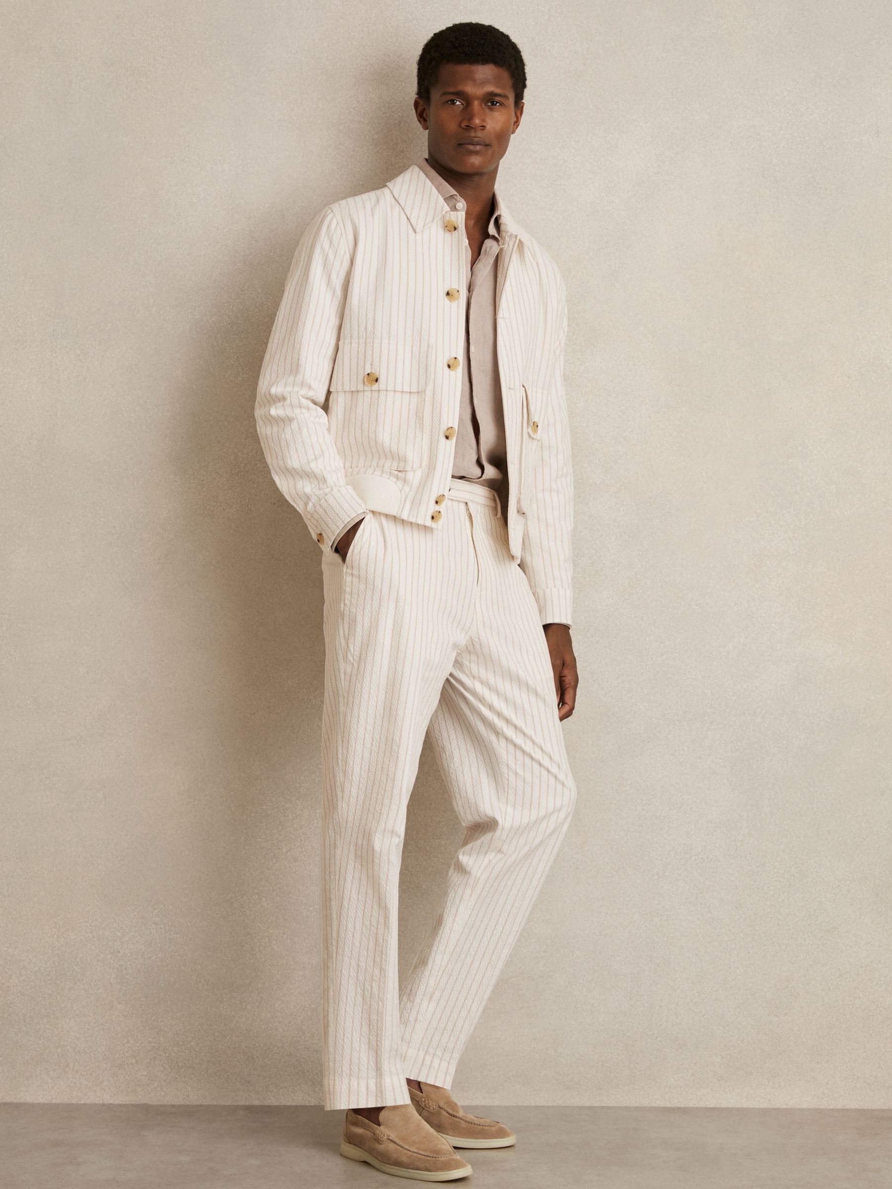 Cotton-Blend Pinstripe Harrington Jacket in Off White/Taupe Brown - Image 3 of 7