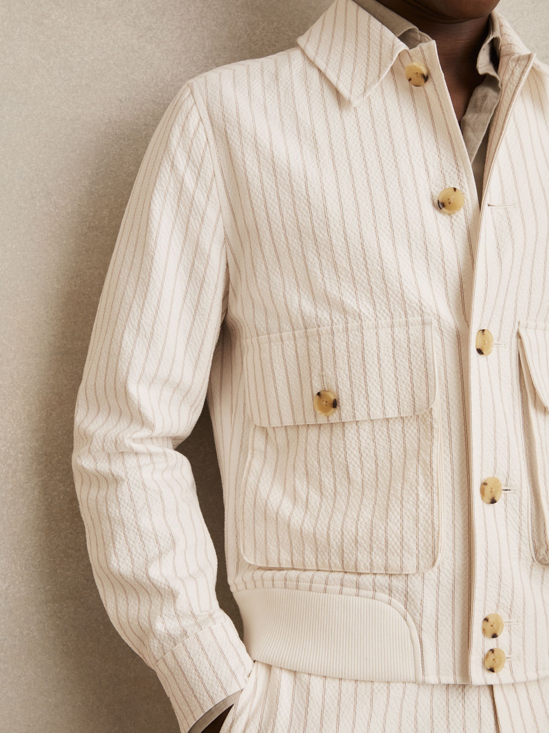 Cotton-Blend Pinstripe Harrington Jacket in Off White/Taupe Brown - image 4