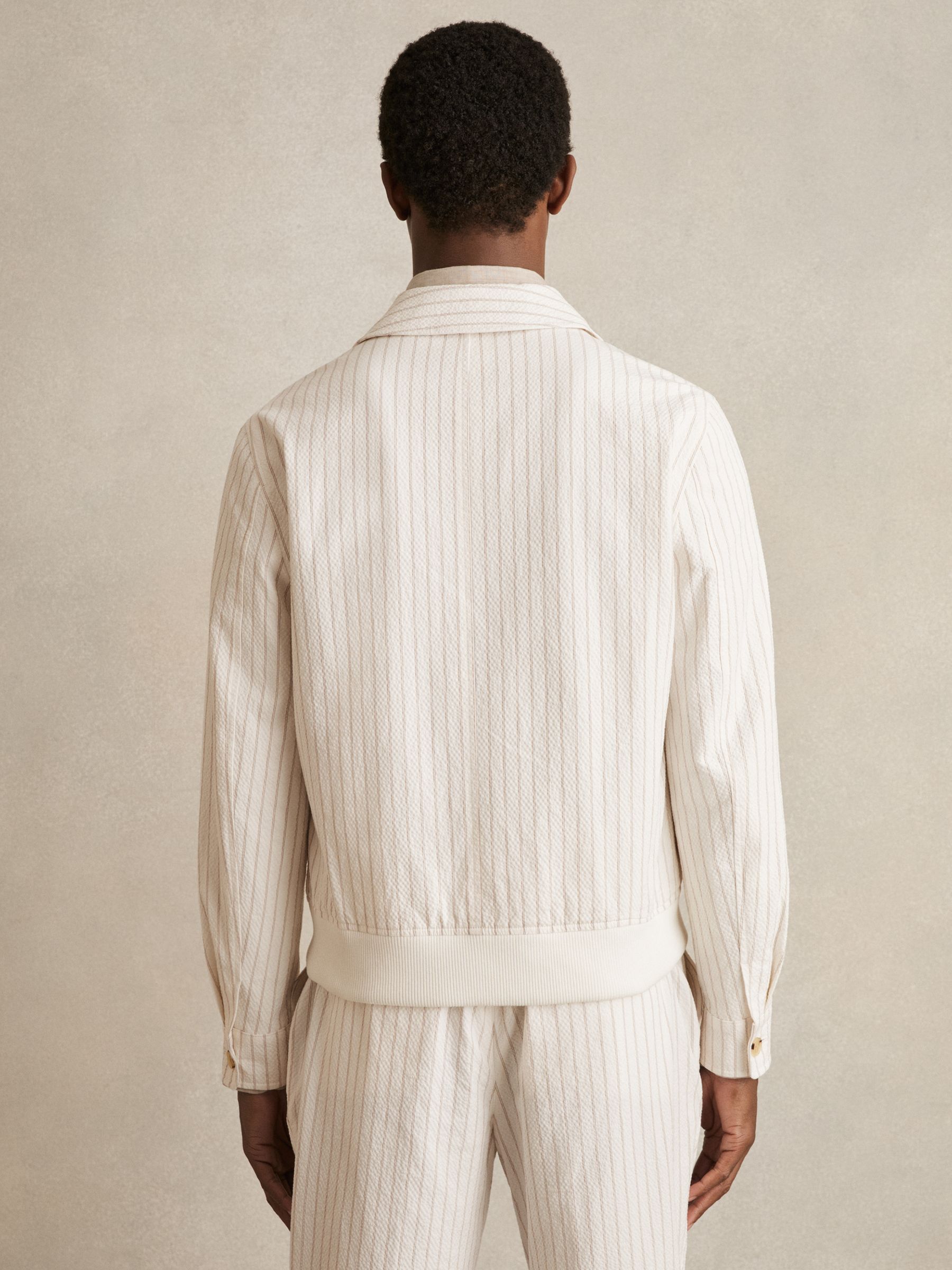 Cotton-Blend Pinstripe Harrington Jacket in Off White/Taupe Brown - Image 5 of 7