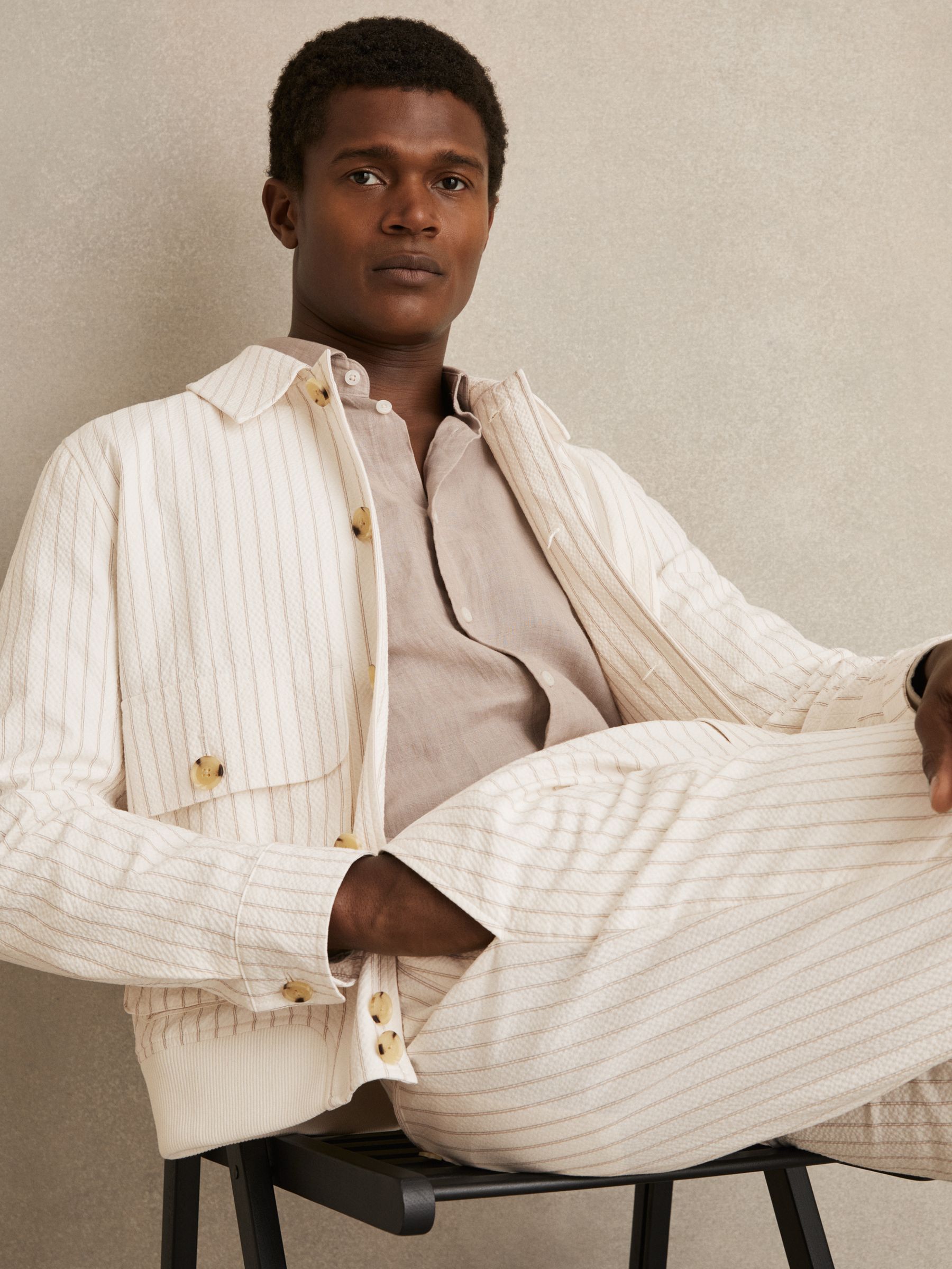 Cotton-Blend Pinstripe Harrington Jacket in Off White/Taupe Brown - Image 6 of 7