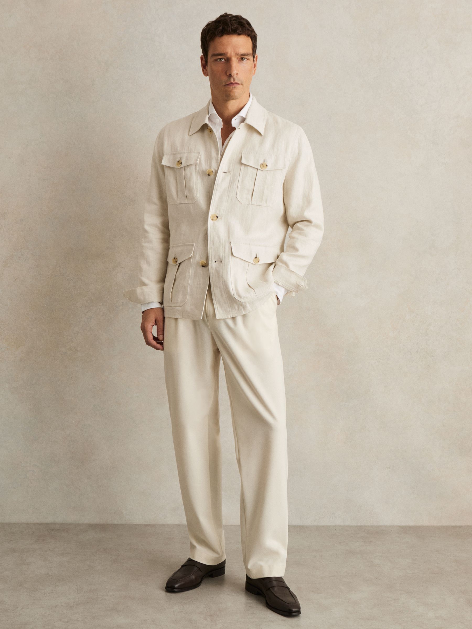 Reiss Linen Four-Pocket Safari Jacket in Off White | REISS