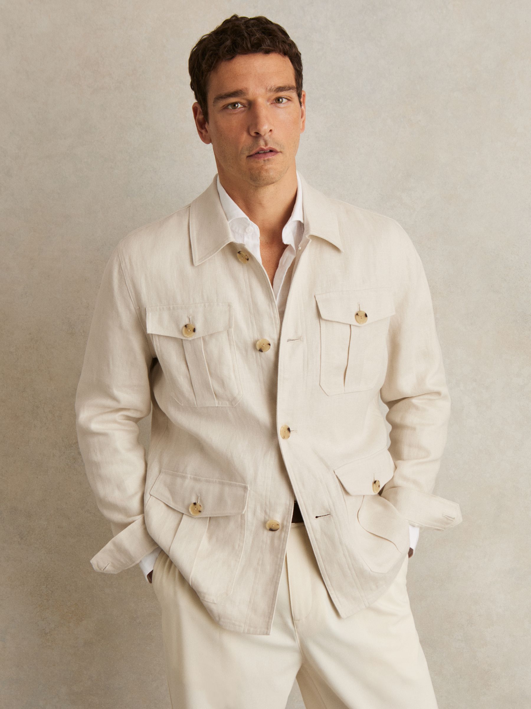 Reiss Linen Four-Pocket Safari Jacket in Off White | REISS