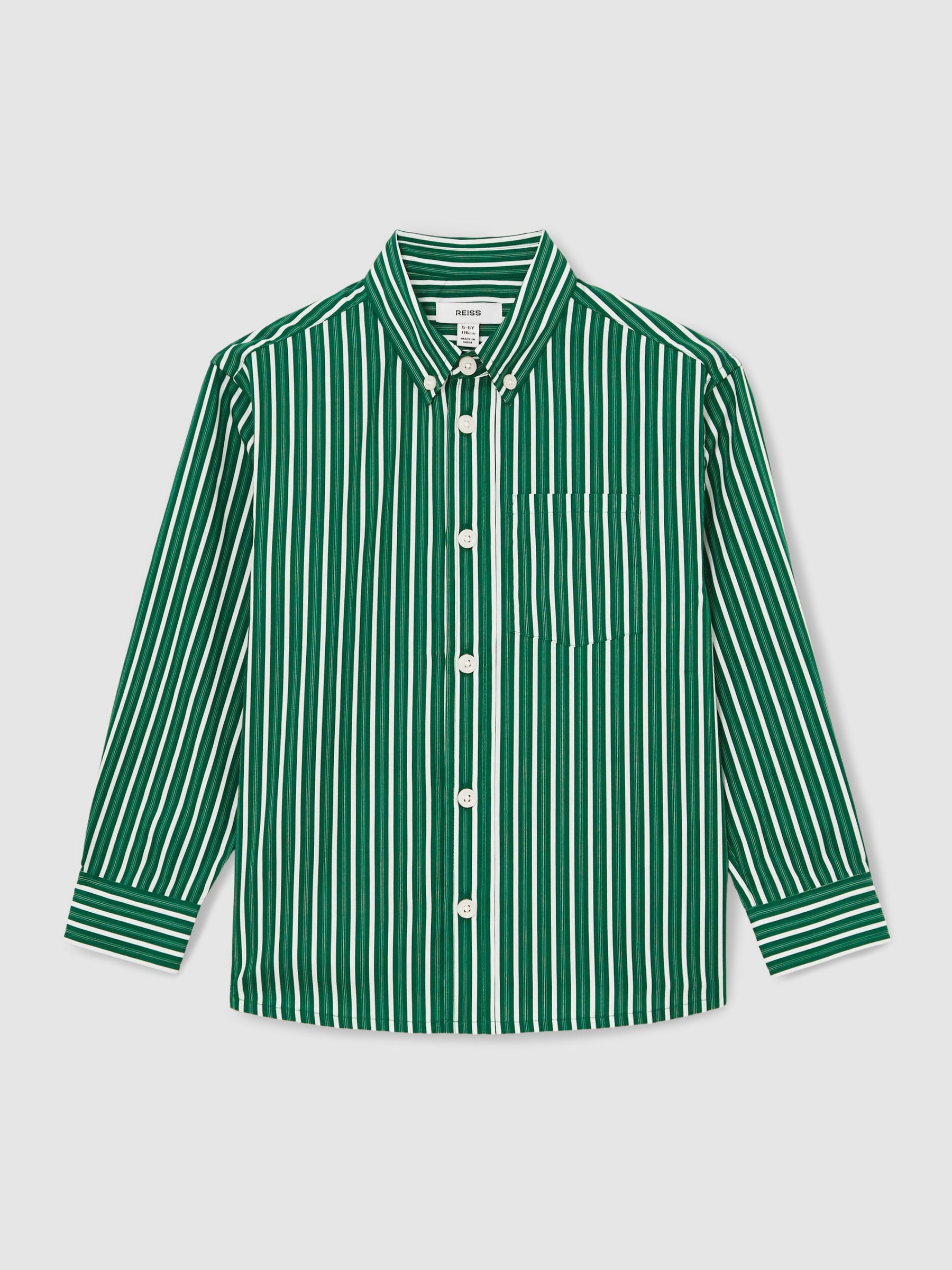 3-9 yrs Cotton-Poplin Striped Oversize Shirt in Green/White - Image 2 of 4