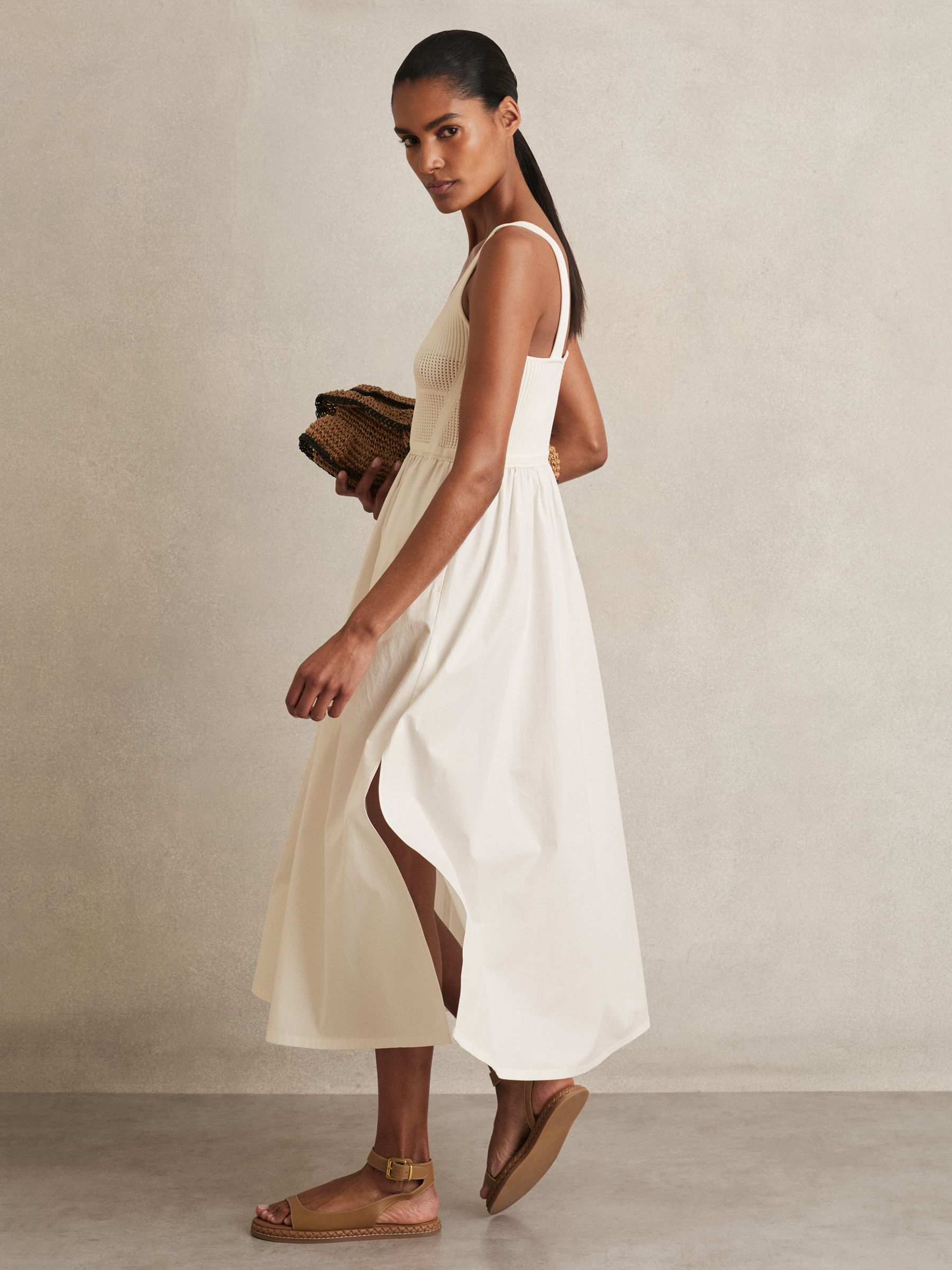 Perforated-Knit Cotton-Skirt Midi Dress in Ivory - Image 3 of 6