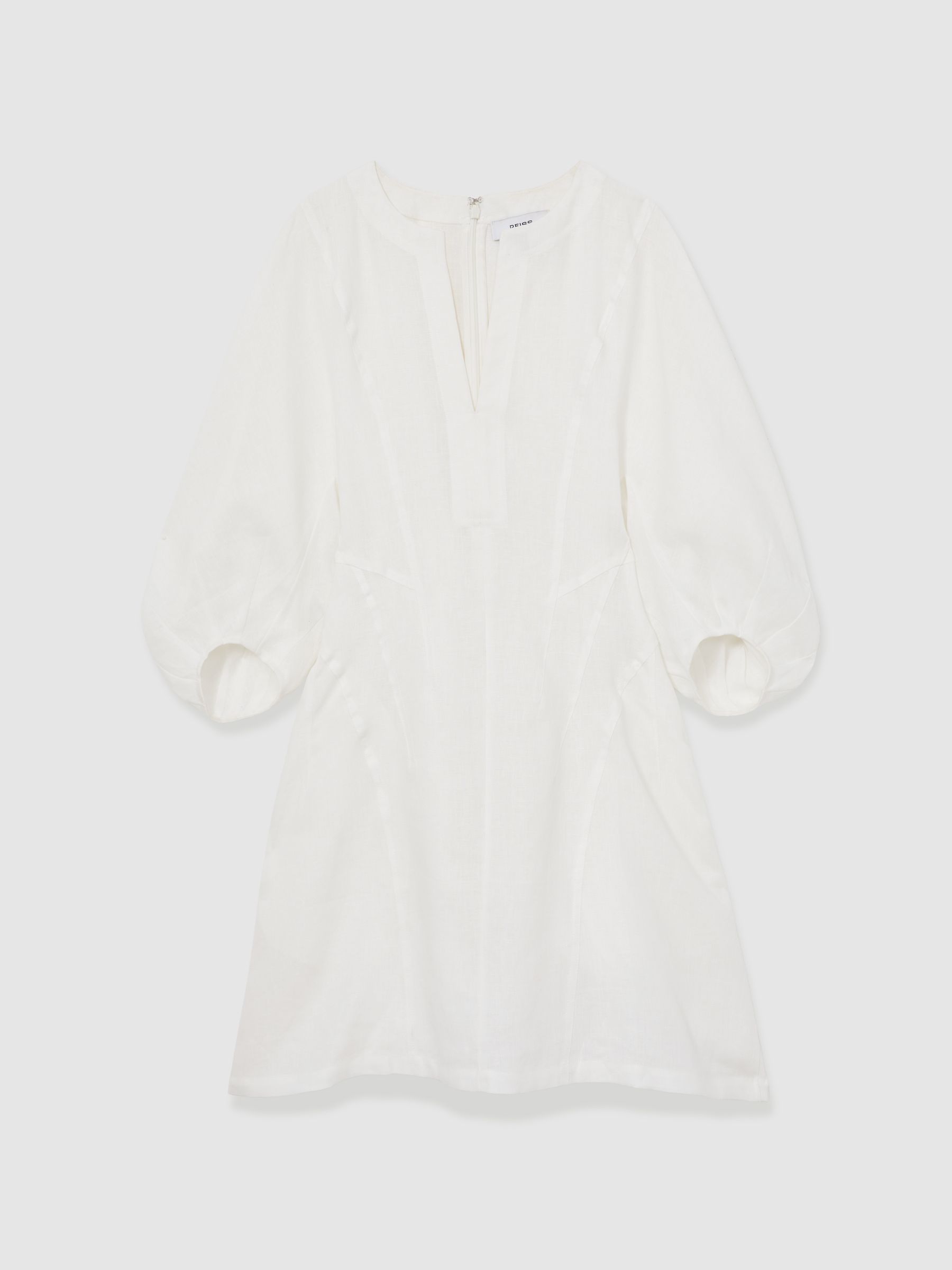Linen Balloon Sleeve Mini Dress in Ivory - Image 2 of 6