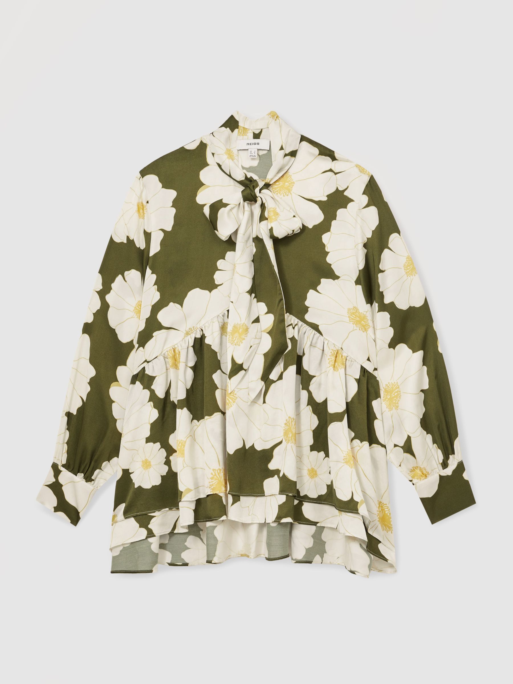 Floral Tie-Neck Swing Blouse in Ivory/Green - Image 2 of 5