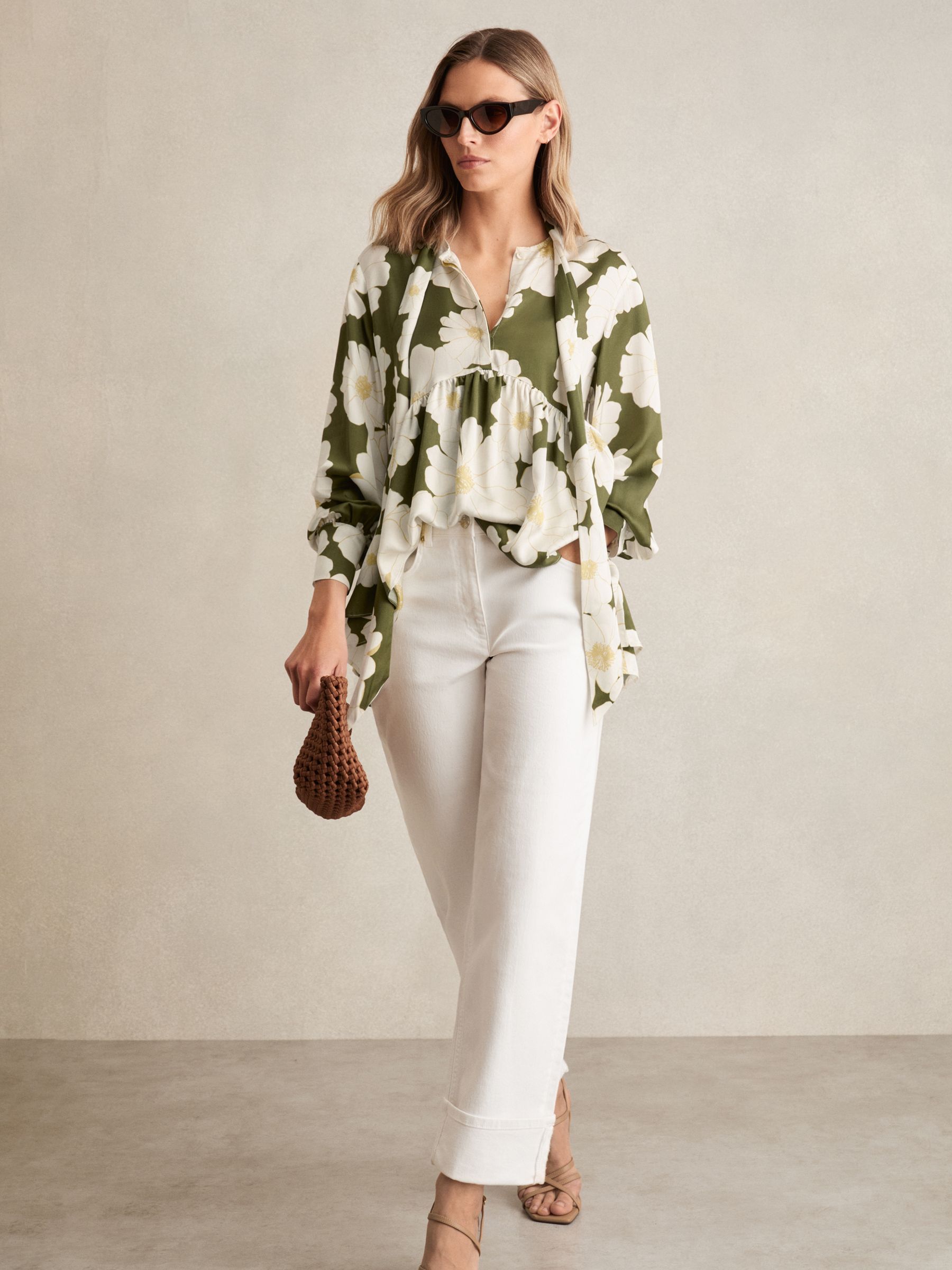 Floral Tie-Neck Swing Blouse in Ivory/Green - Image 3 of 5