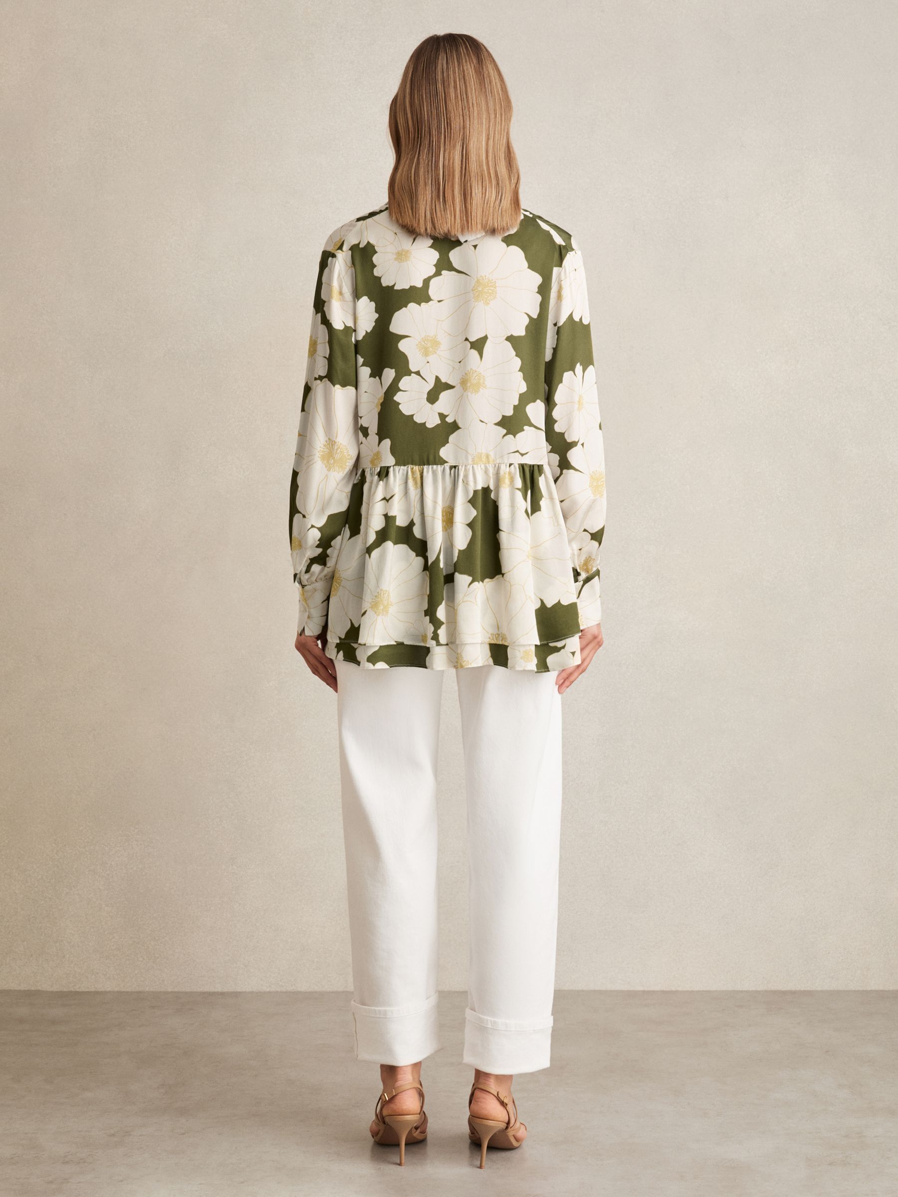 Floral Tie-Neck Swing Blouse in Ivory/Green - image 3