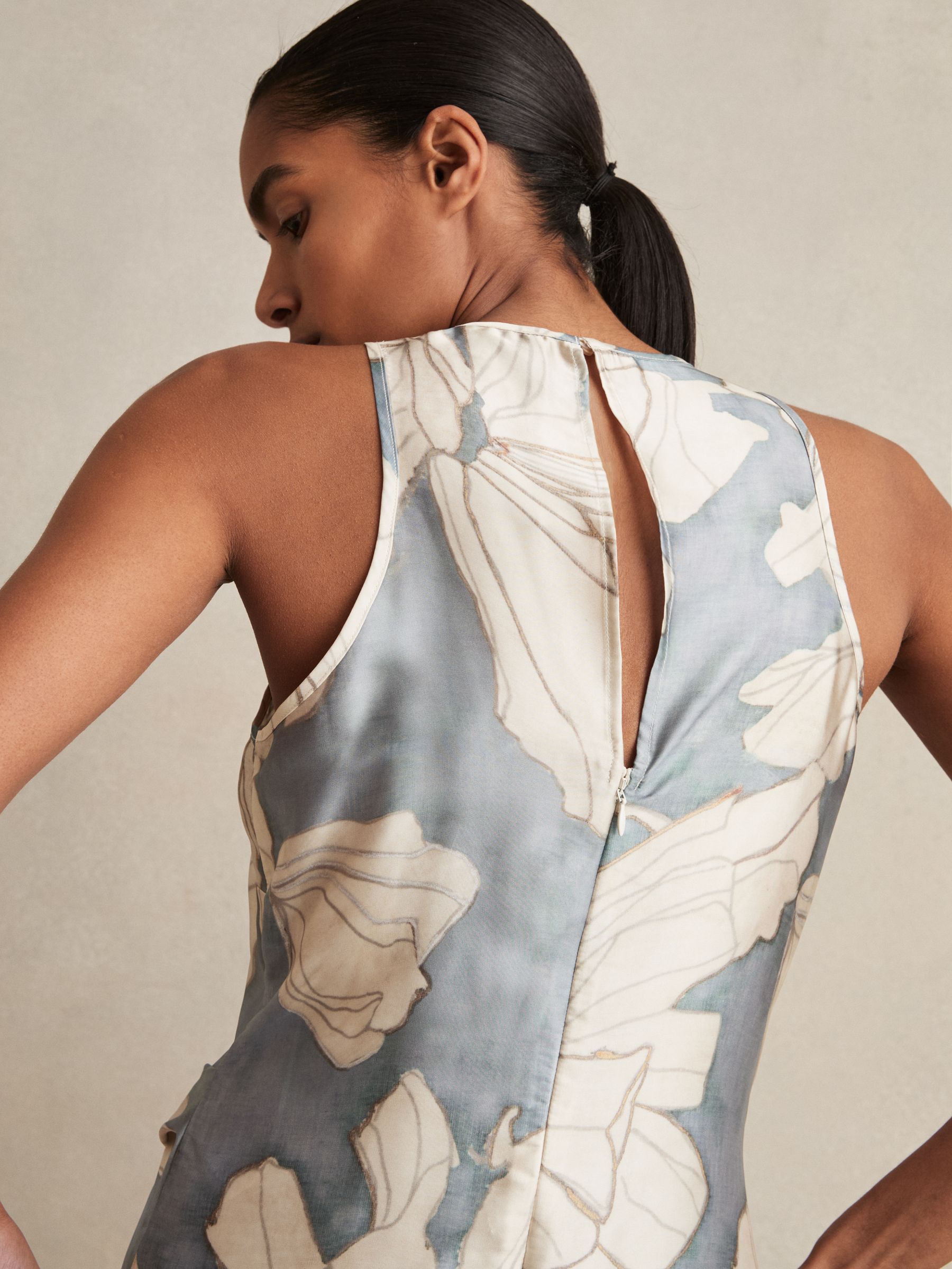 Reiss Satin Floral Drape Midi Dress in Blue - REISS