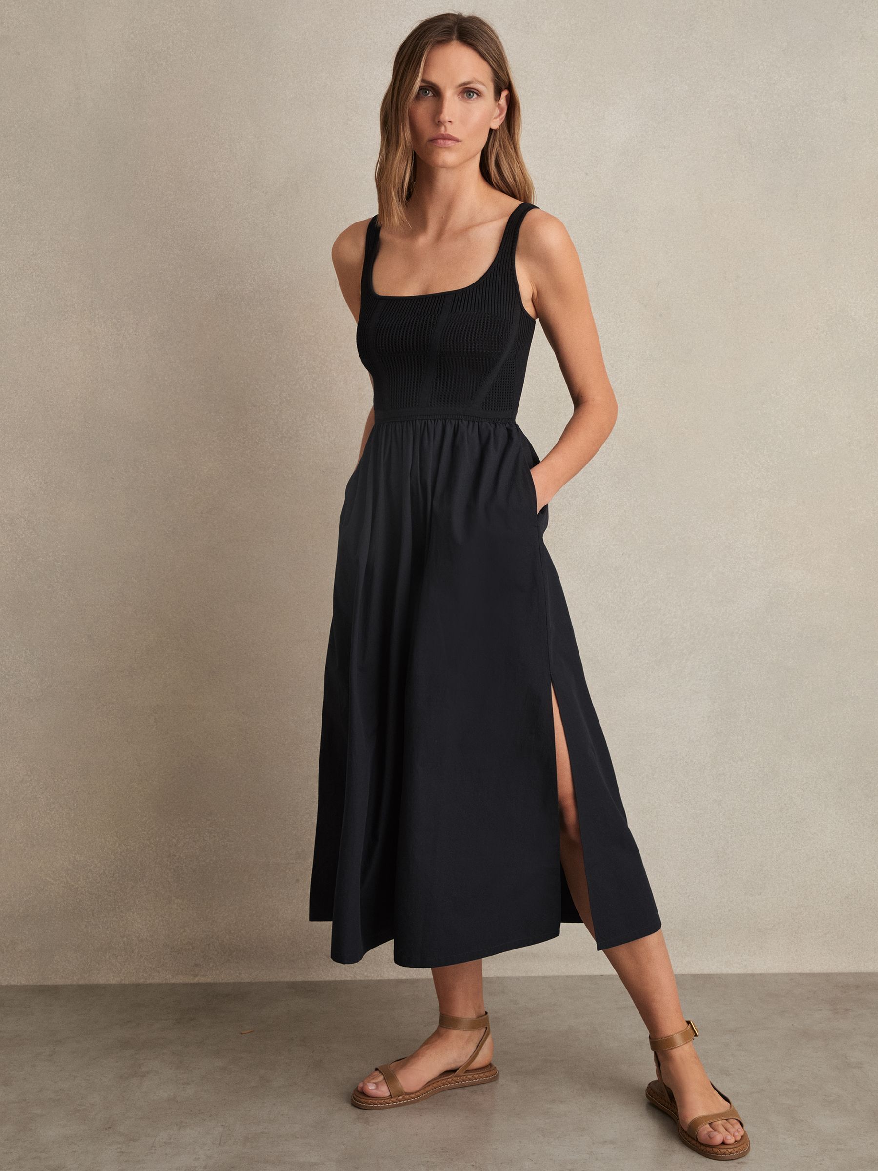 Perforated-Knit Cotton-Skirt Midi Dress in Navy - Image 3 of 5