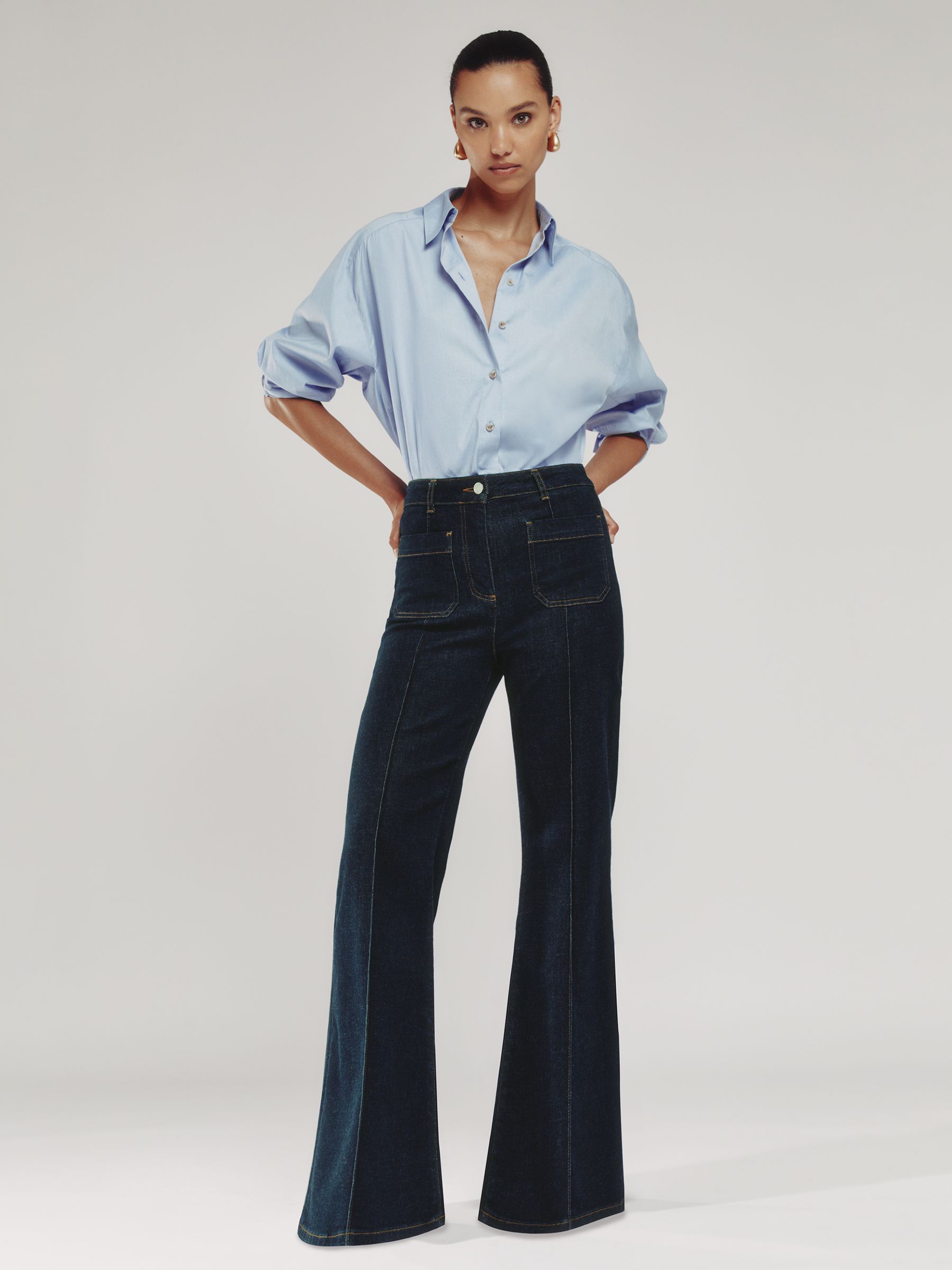 Patch-Pocket Flared Jeans in Dark Blue - Image 1 of 7