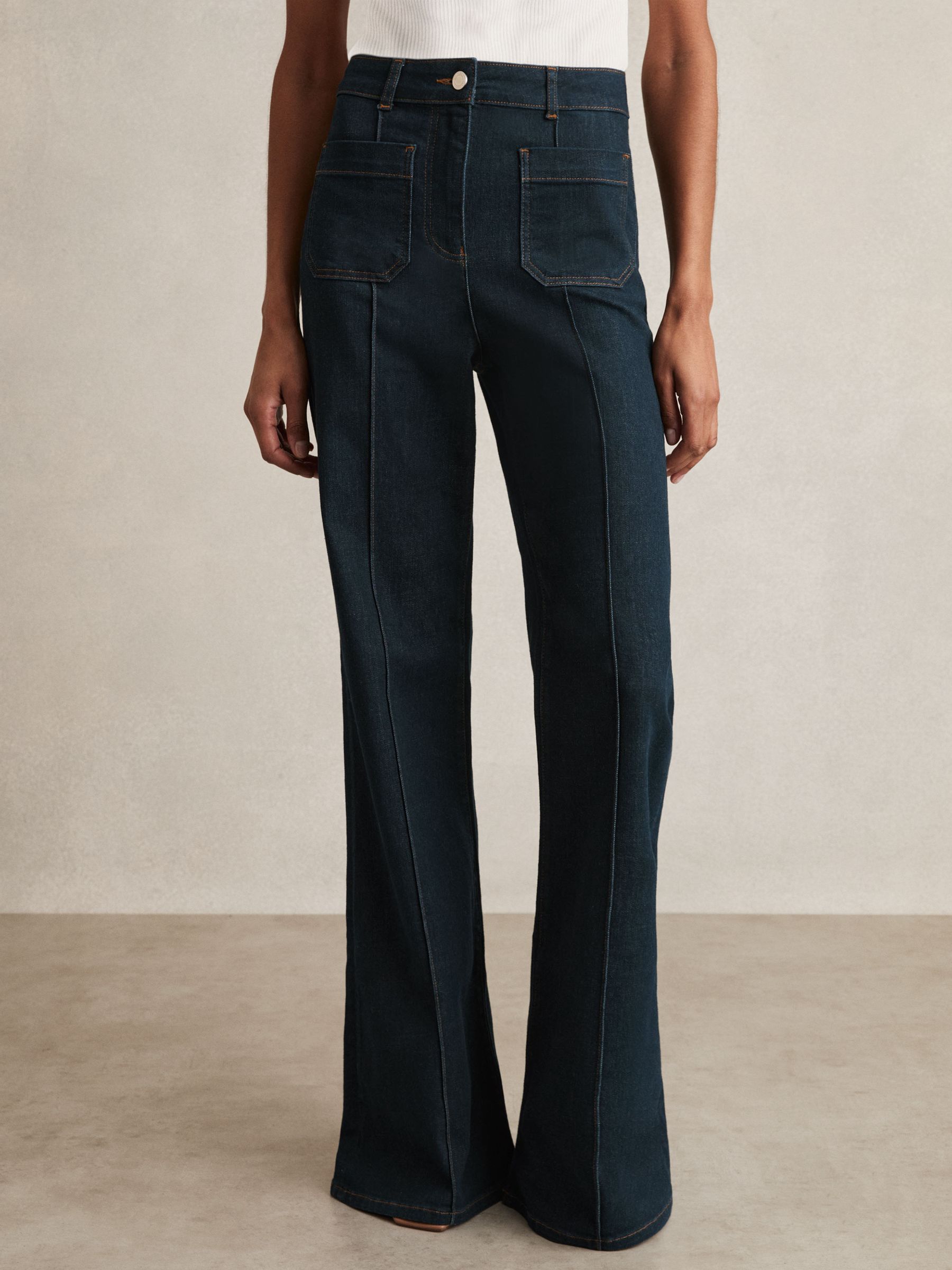 Patch-Pocket Flared Jeans in Dark Blue - Image 4 of 7