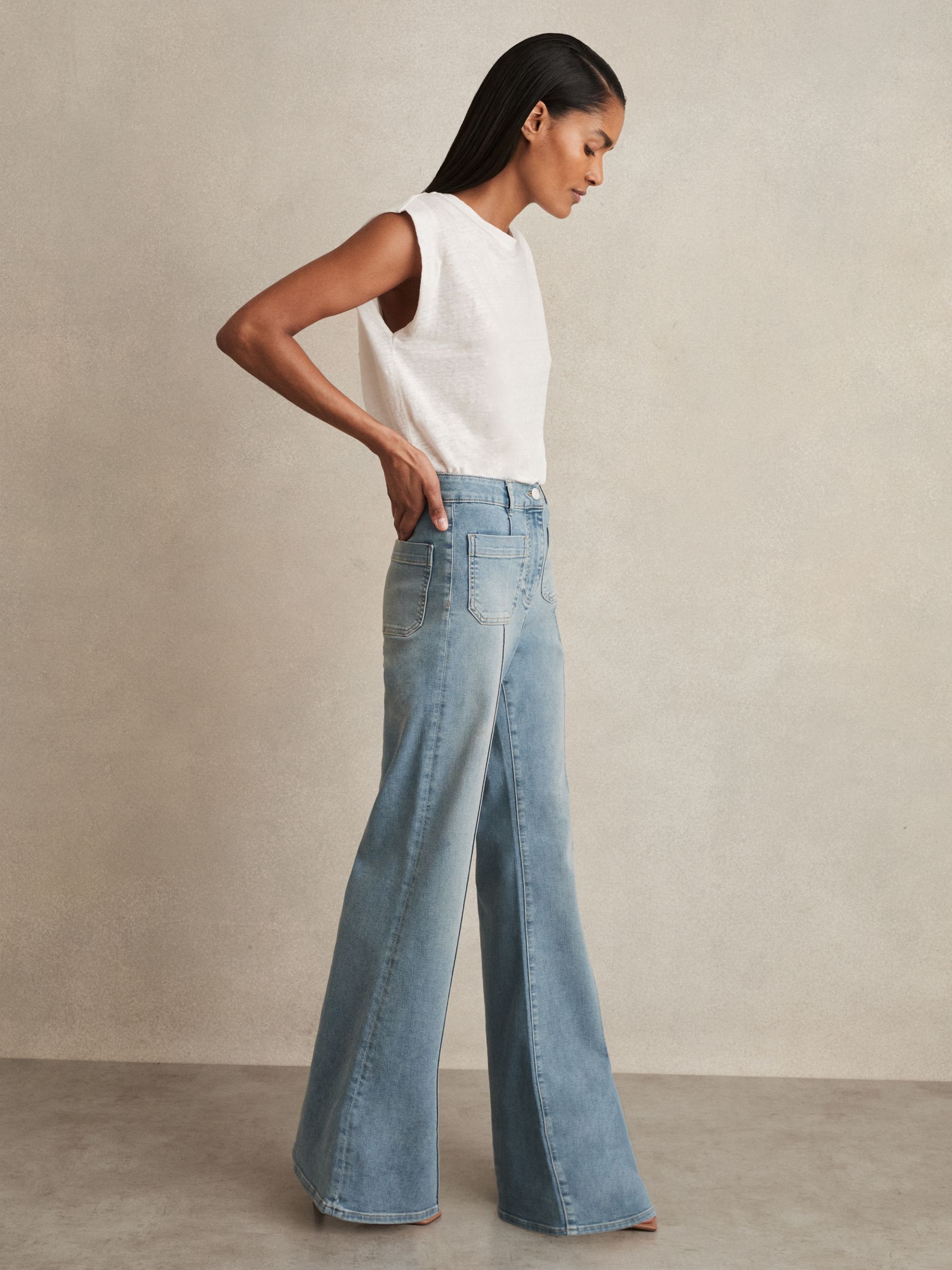 Patch Pocket Flared Jeans in Light Blue - Image 4 of 7