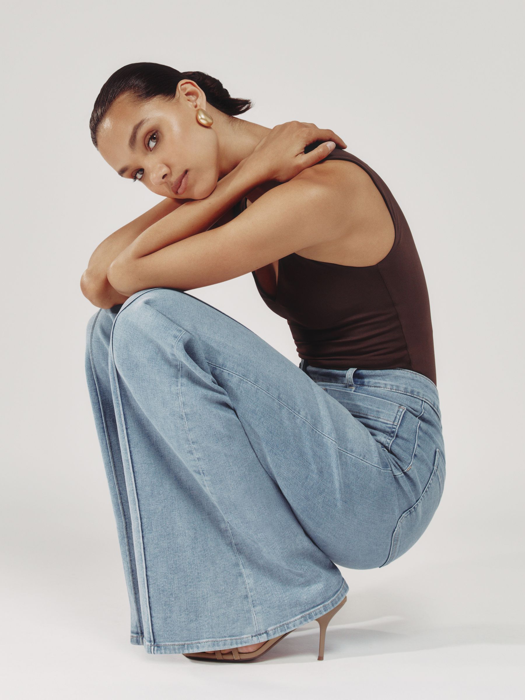 Patch-Pocket Flared Jeans in Light Blue