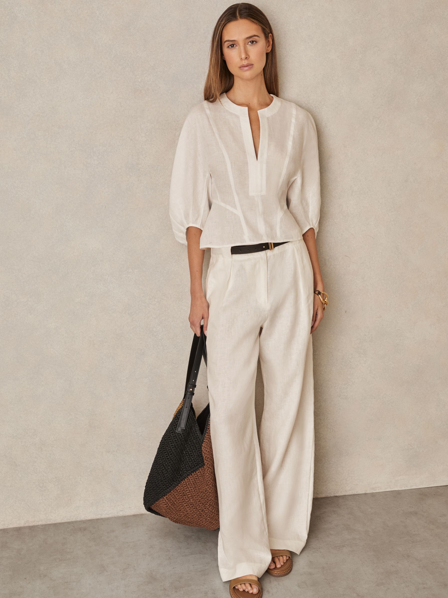 Linen Balloon-Sleeve Top in Ivory - Image 3 of 6