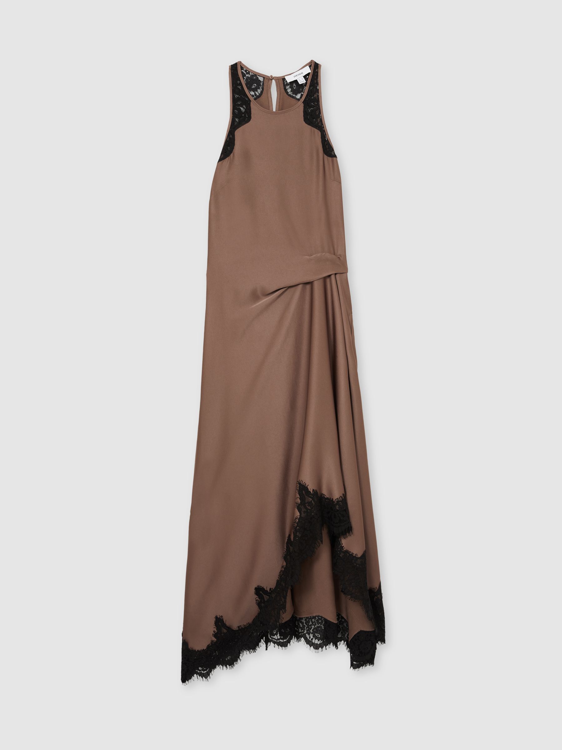 Satin Drape Lace-Trim Dress in Mocha Brown - Image 2 of 6