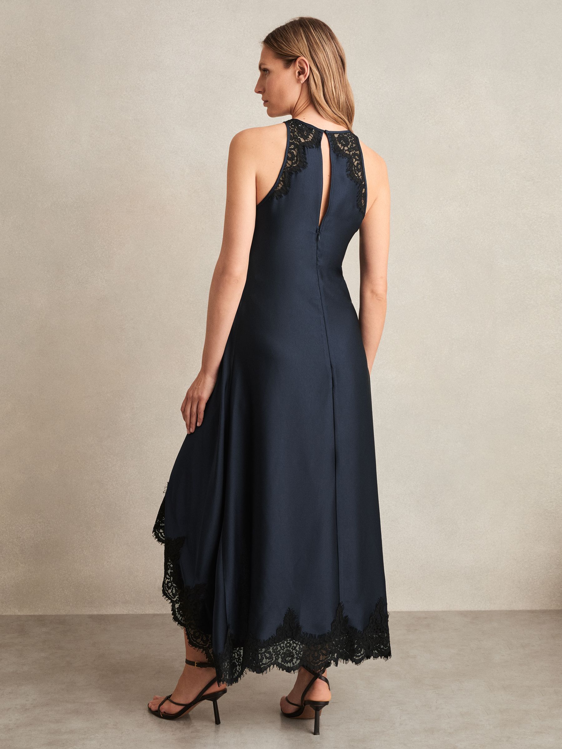 Satin Drape Lace-Trim Dress in Navy - Image 4 of 6