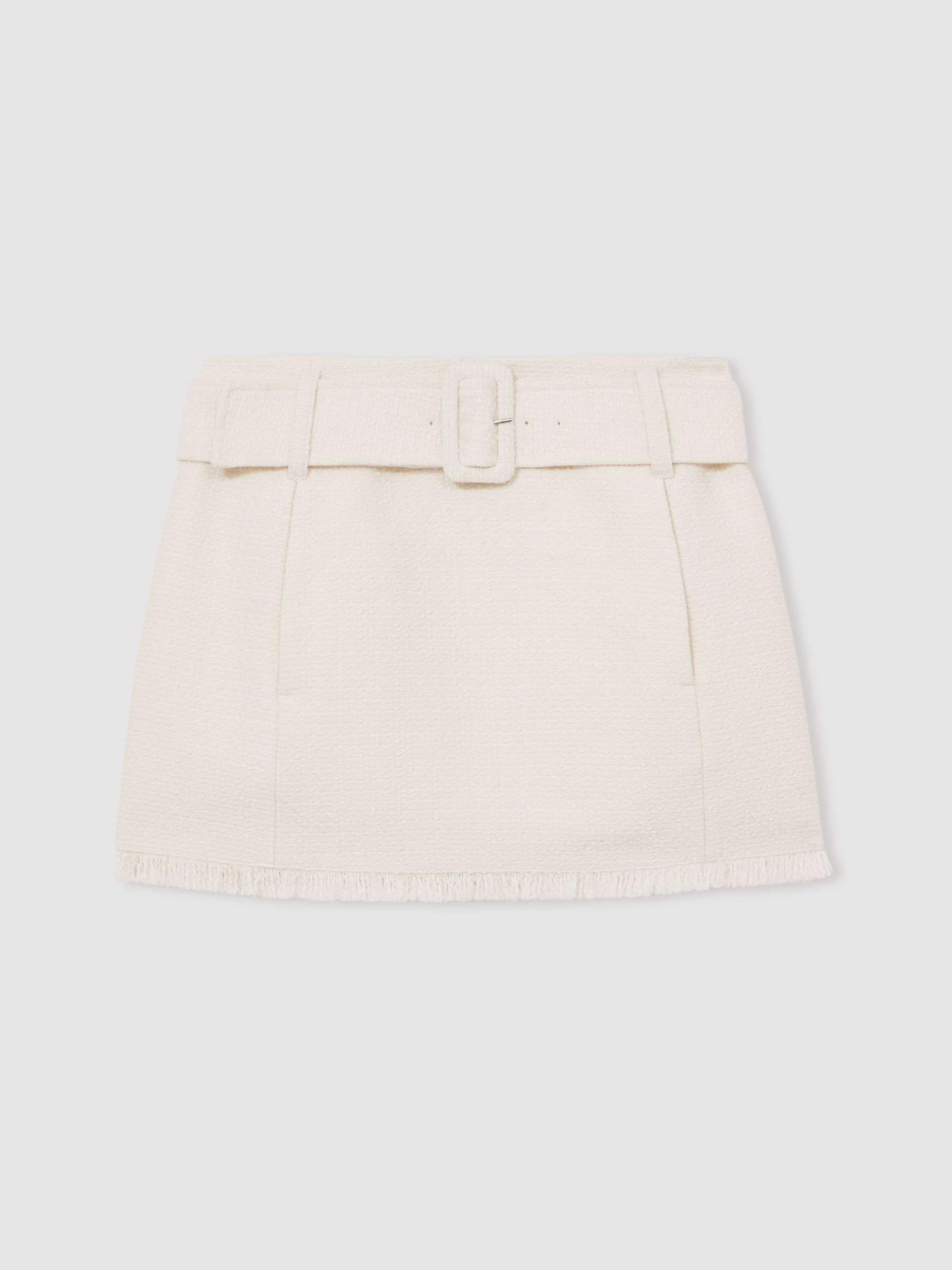 Bouclé Belted Mini Skirt With Wool and Cotton in White - Image 2 of 6