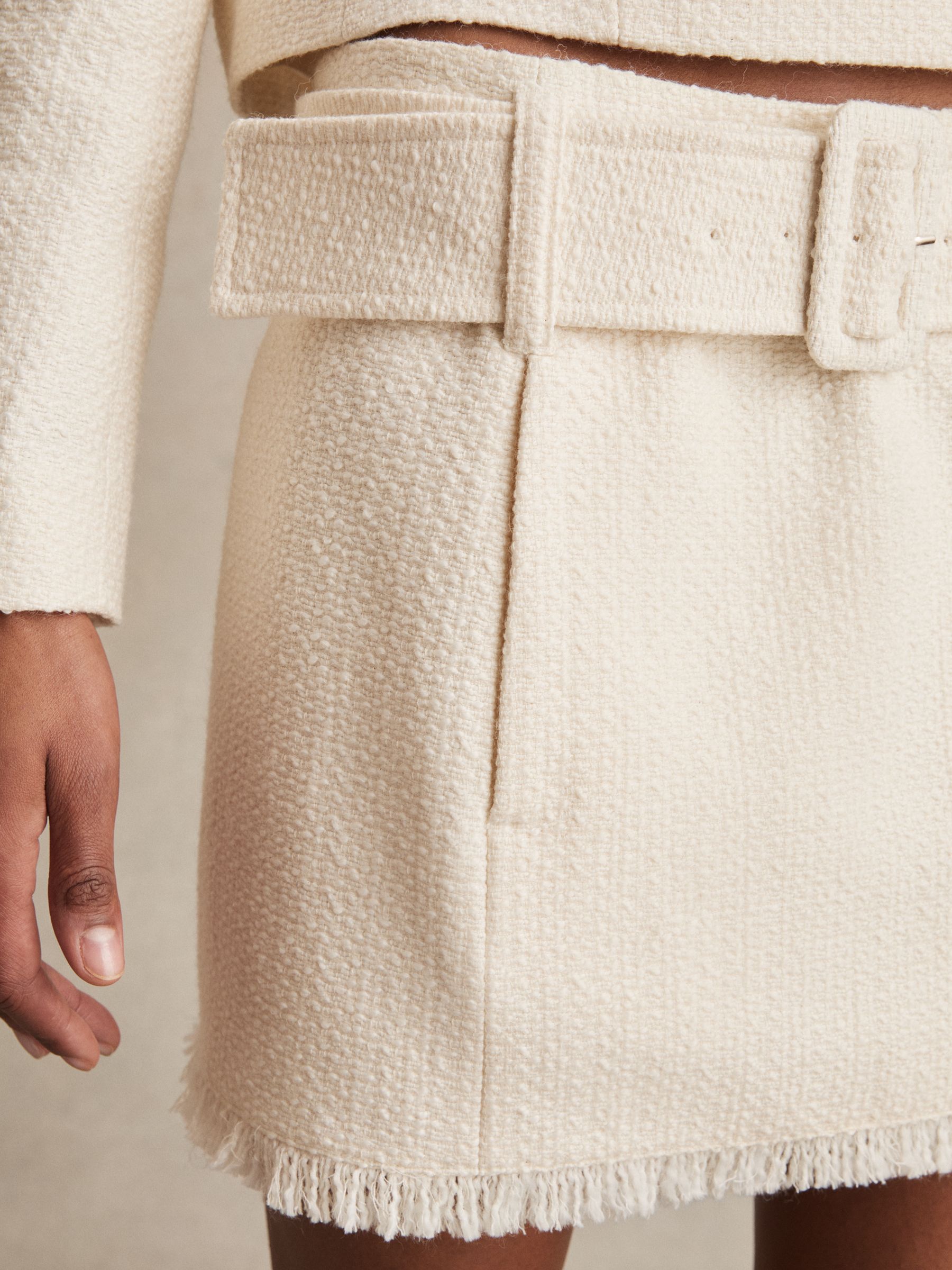 Bouclé Belted Mini Skirt With Wool and Cotton in White - Image 4 of 6