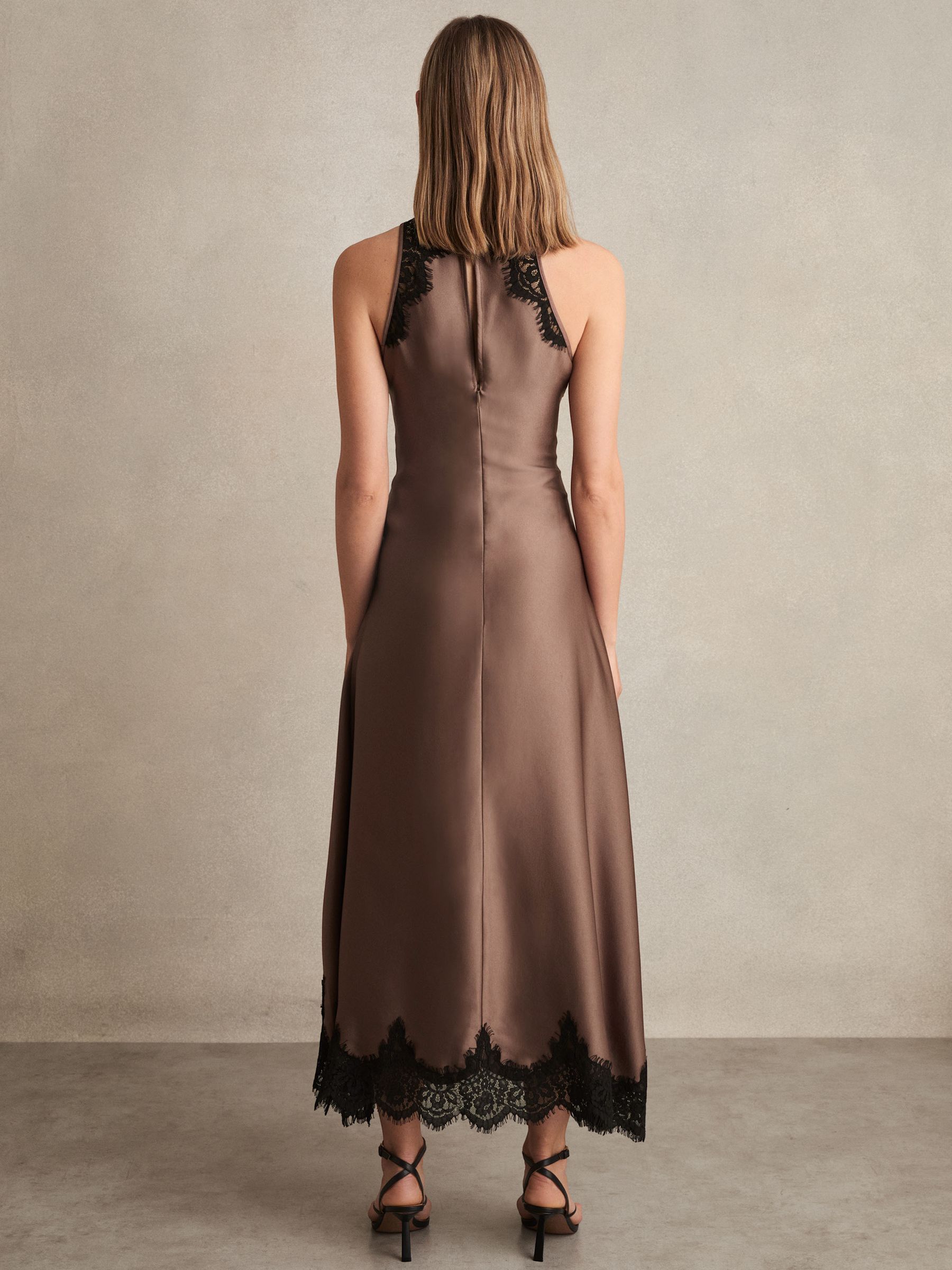 Reiss Petite Satin Drape Lace-Trim Dress in Mocha Brown | REISS