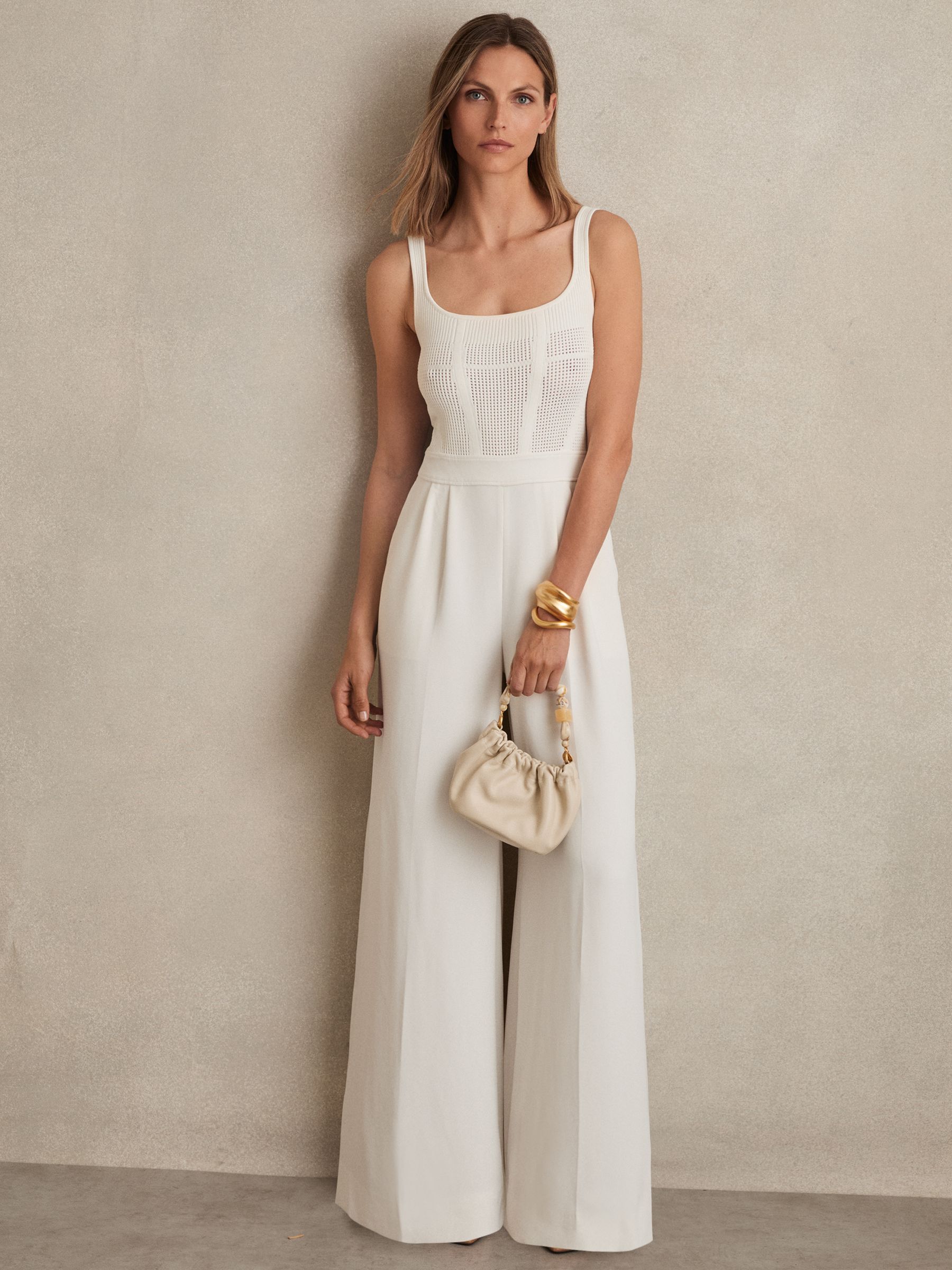 Reiss Perforated-Knit Wide-Leg Jumpsuit in Ivory | REISS