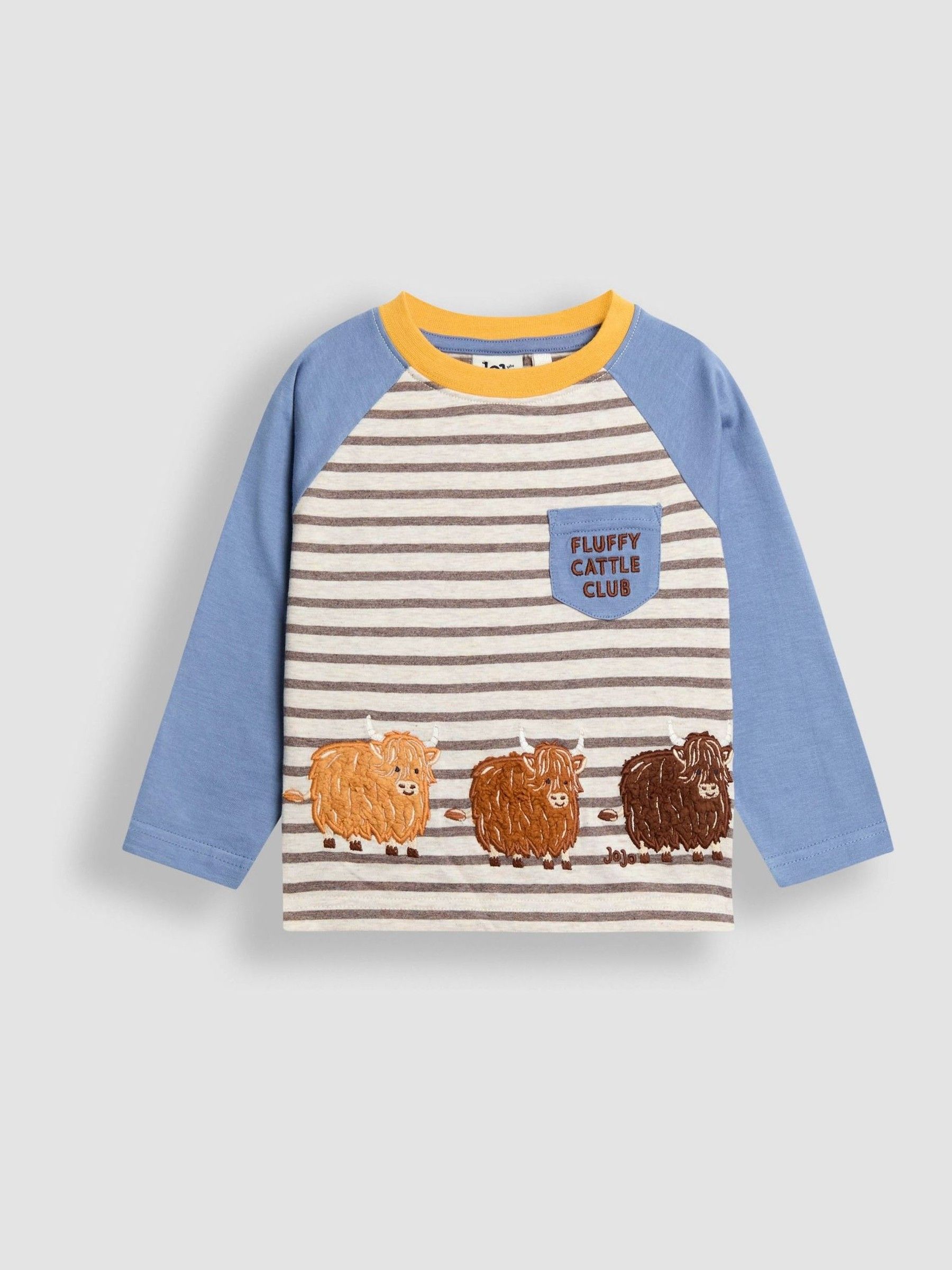 Blue Highland Cow Appliqué & Embroidered Pocket Top - Image 1 of 4