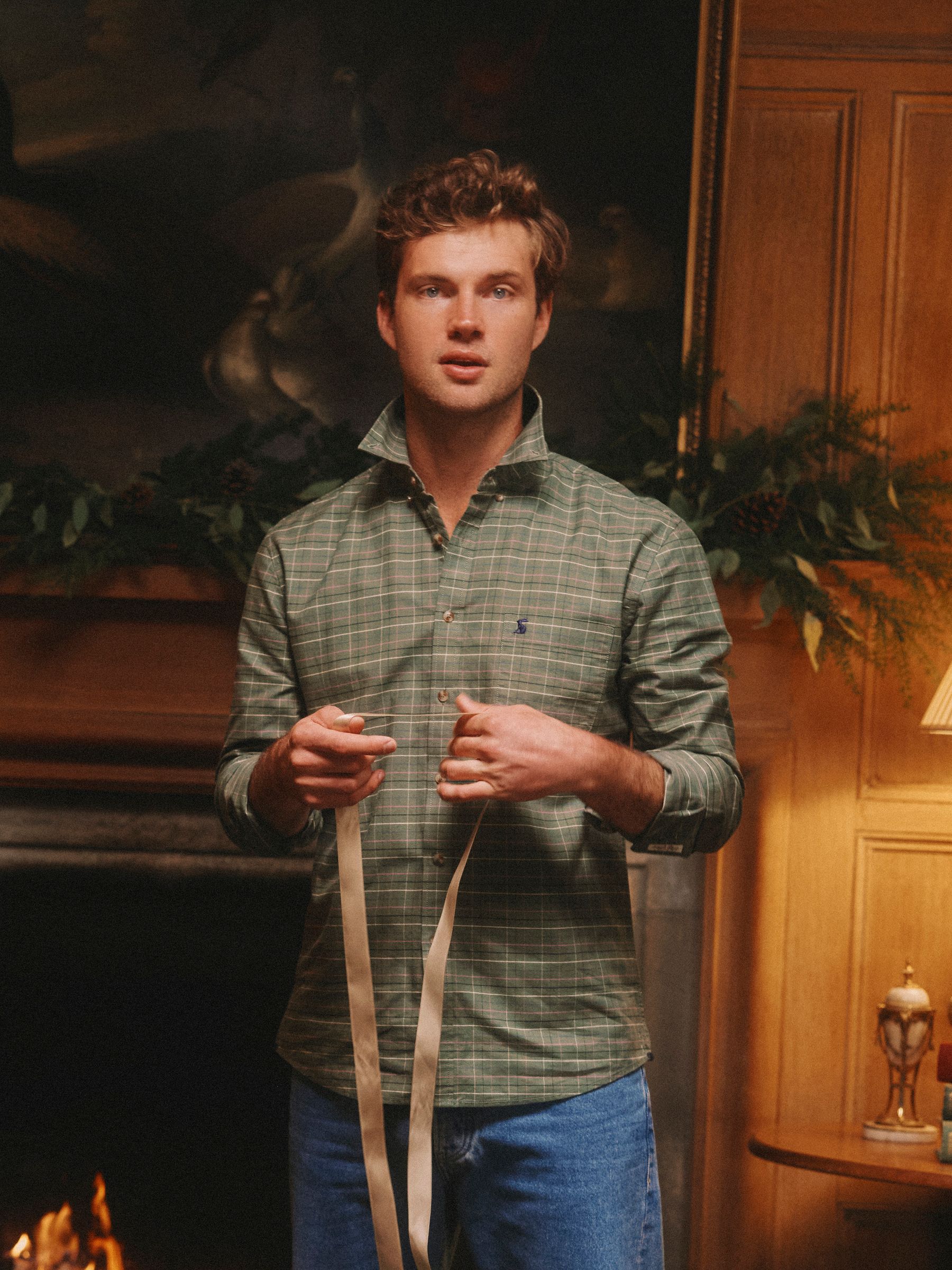 Oxford Classic Fit Khaki Green Long Sleeve Cotton Shirt - Image 1 of 13