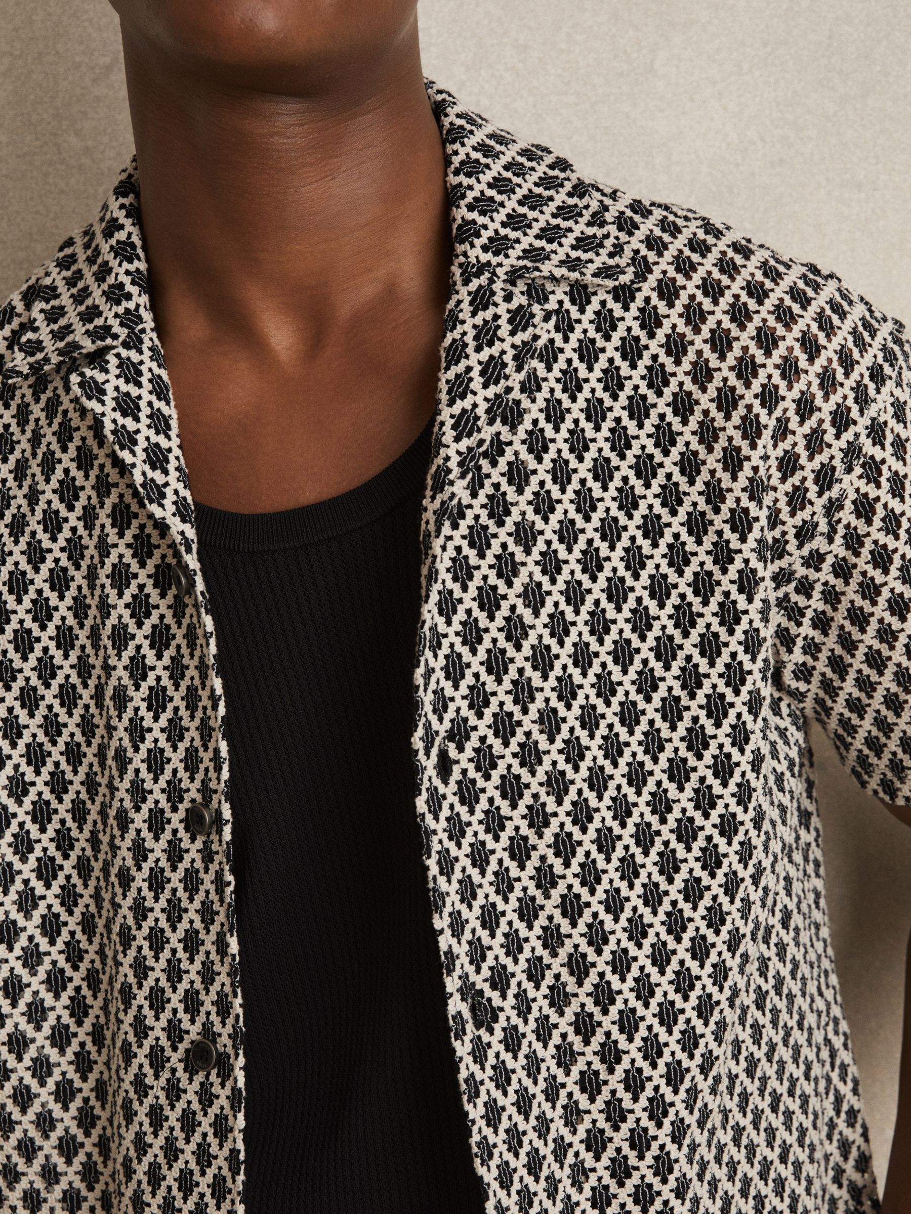 Geometric-Crochet Cuban-Collar Shirt in Navy/White - Image 2 of 6