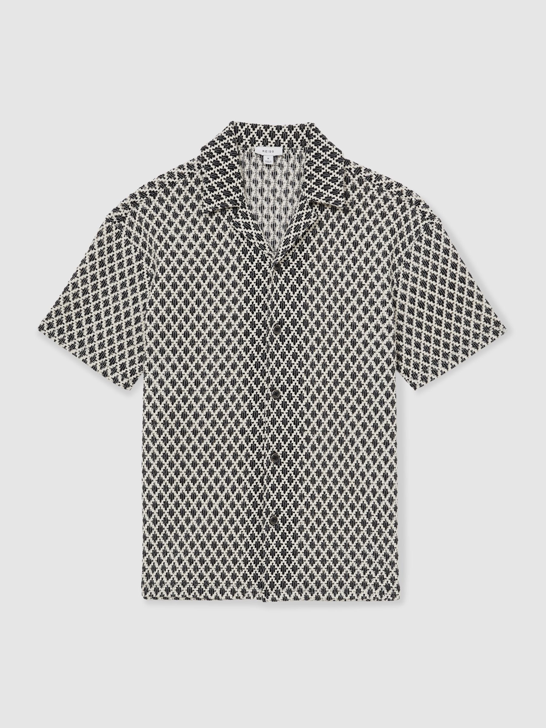 Geometric-Crochet Cuban-Collar Shirt in Navy/White - Image 3 of 6