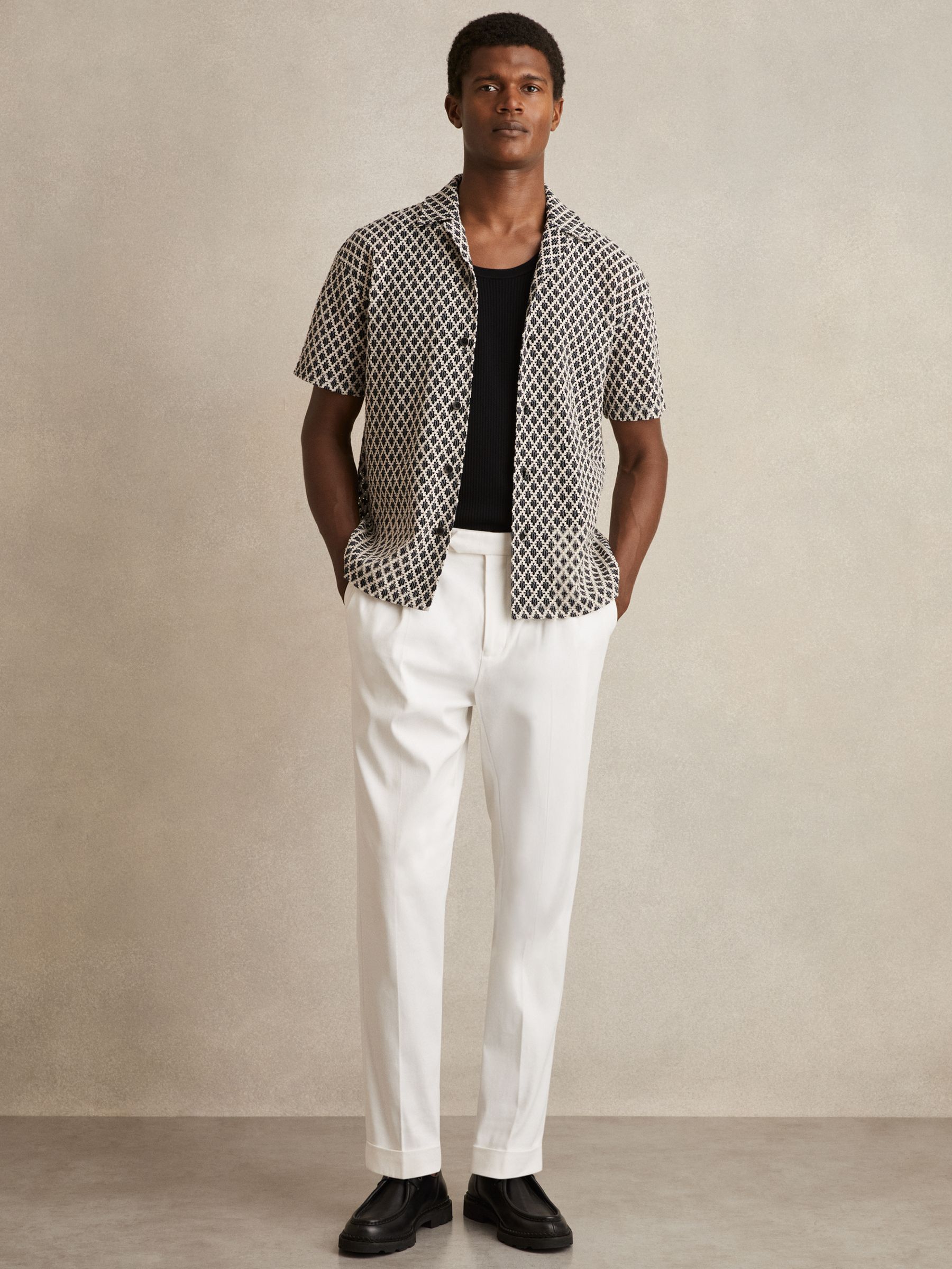 Geometric-Crochet Cuban-Collar Shirt in Navy/White - Image 4 of 6