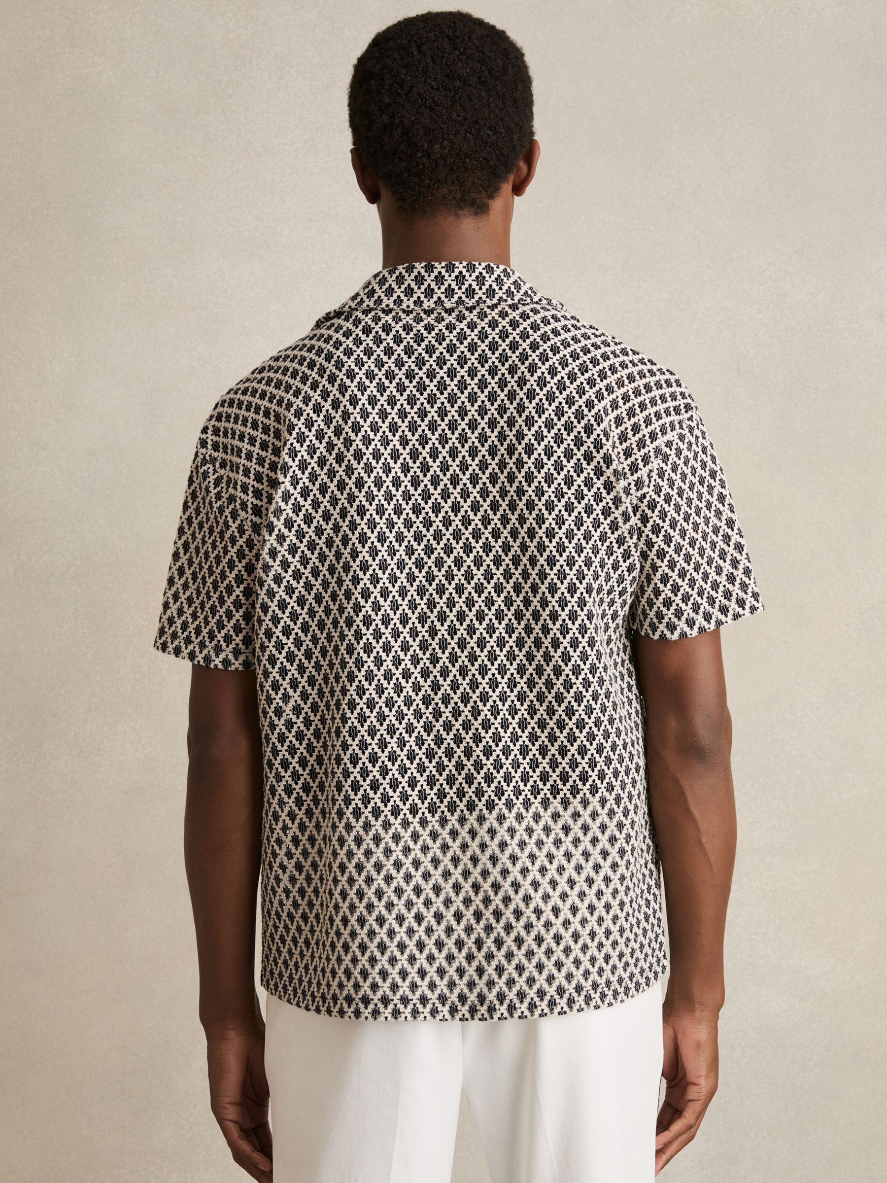 Geometric-Crochet Cuban-Collar Shirt in Navy/White - image 4