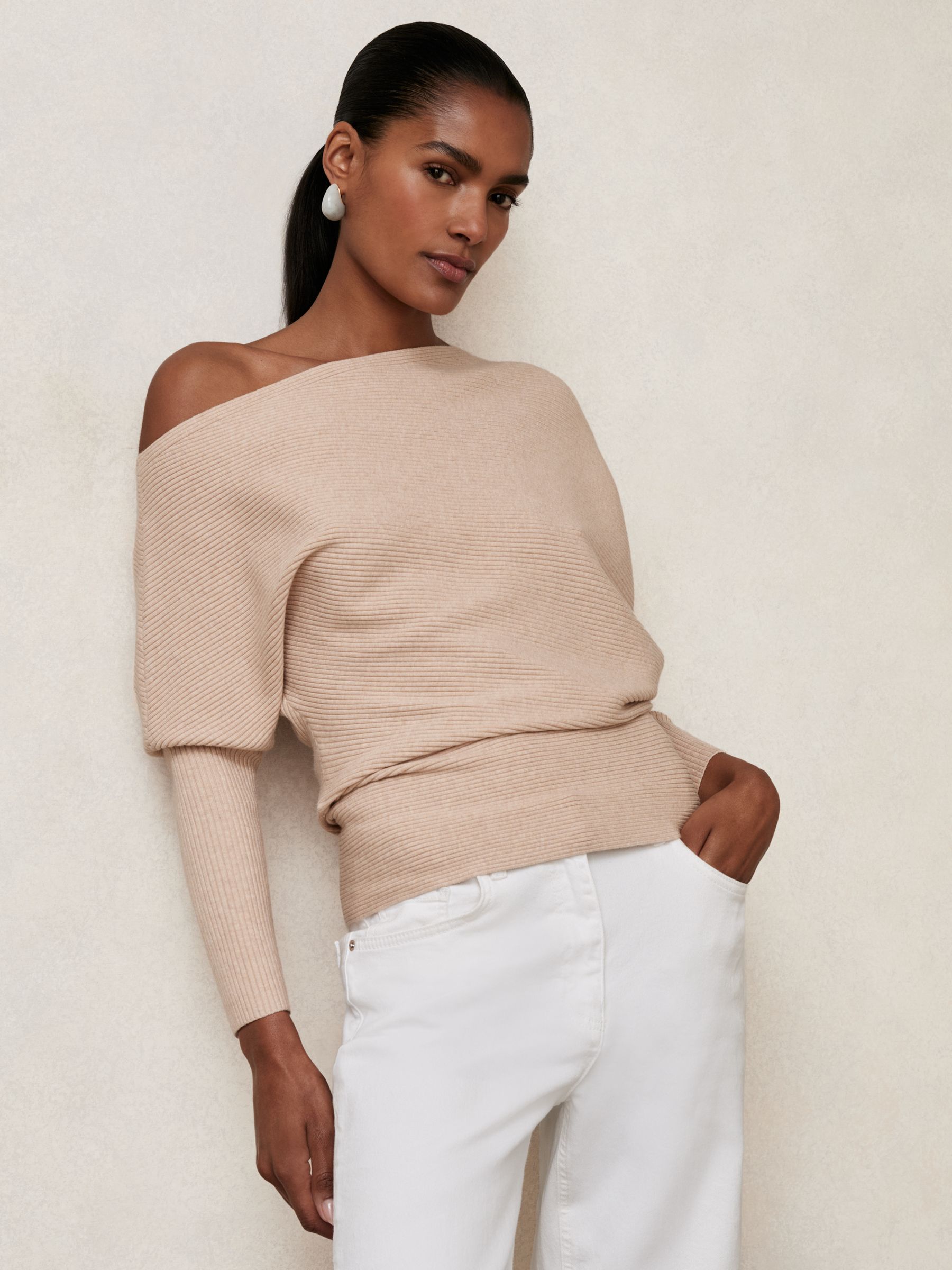 Reiss Asymmetric Drape Knitted Top in Oatmeal Neutral | REISS