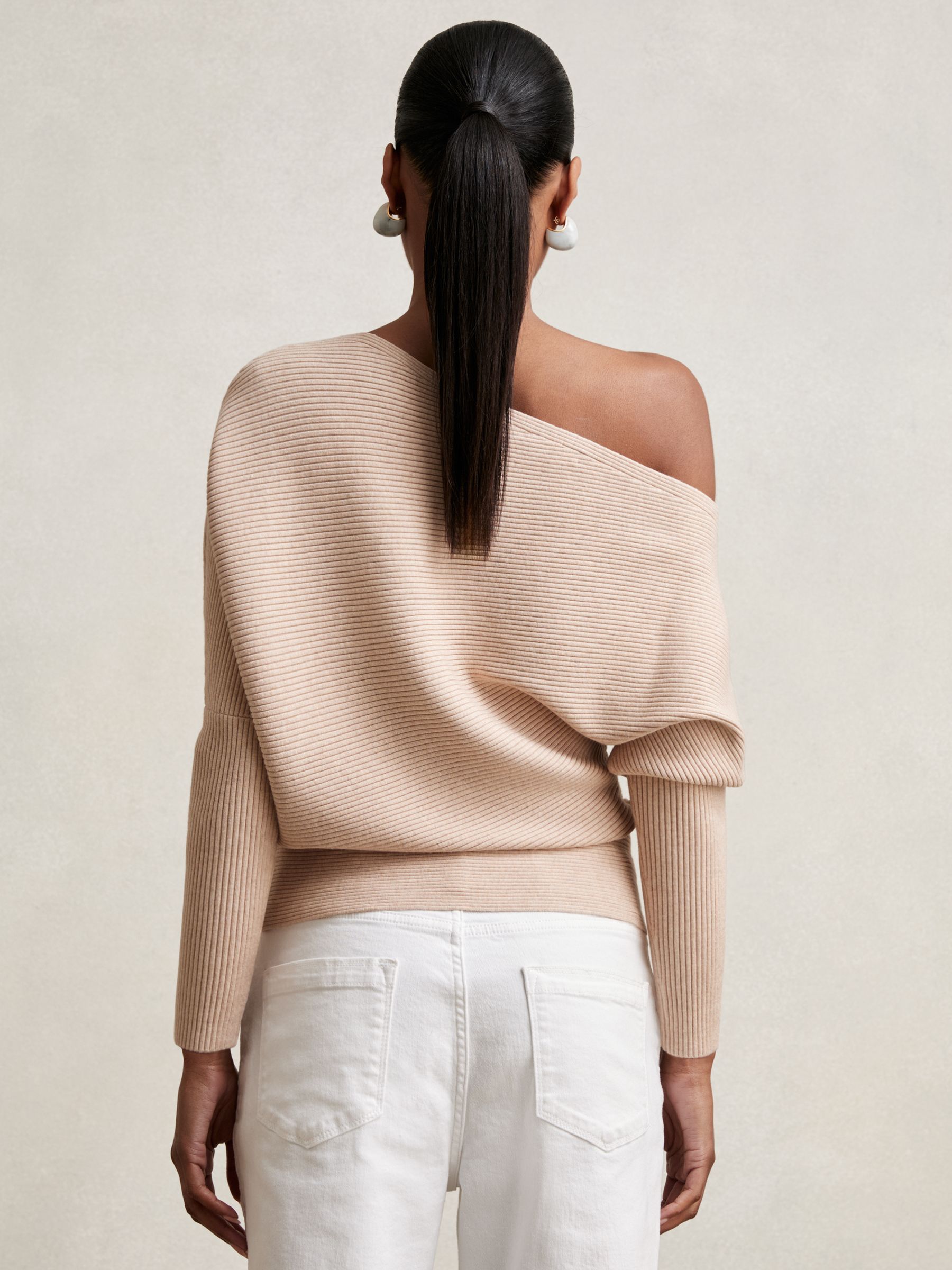 Asymmetric Draped Knitted Jumper in Oatmeal Neutral - Image 4 of 5