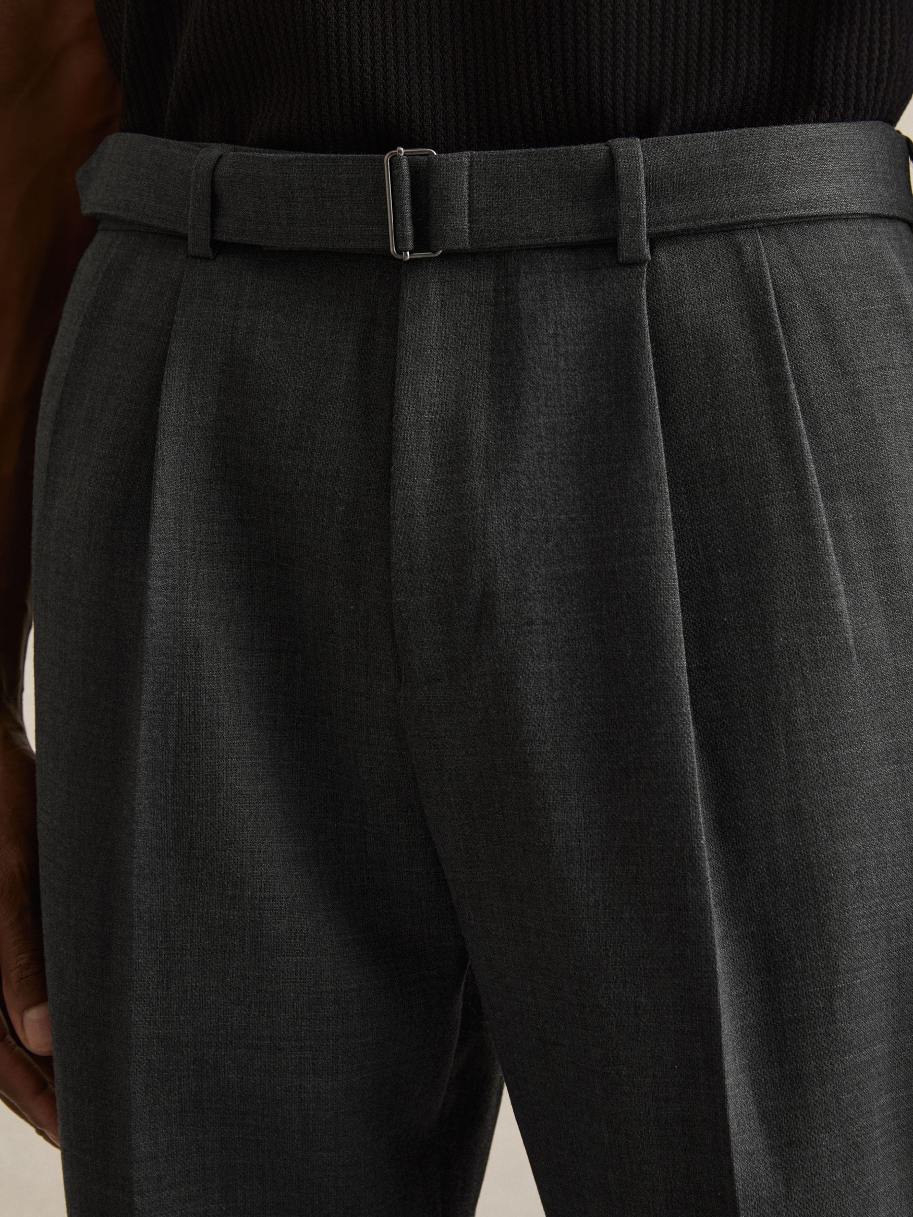 Wool-Blend Tailored-Fit Belted Trousers in Charcoal Grey - image 3
