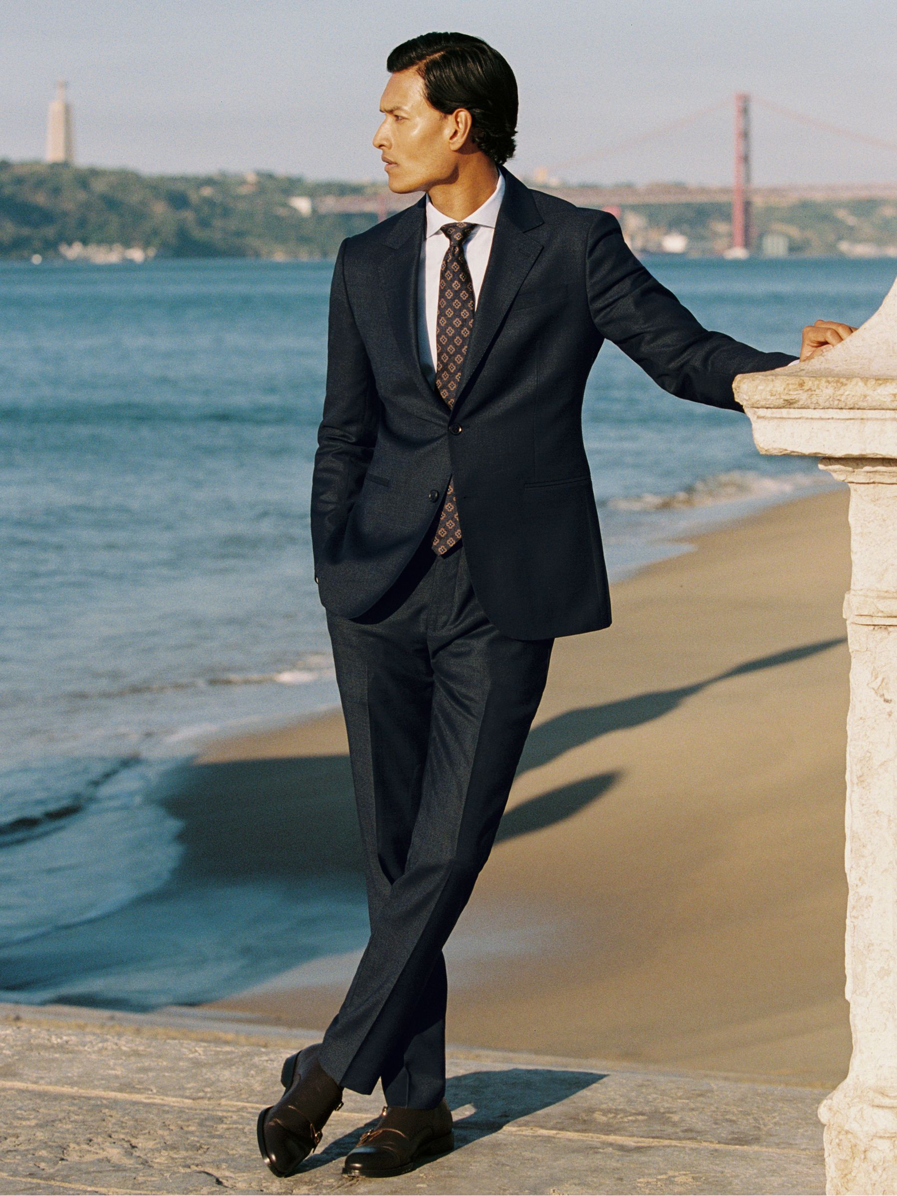 Wool Check Slim-Fit Suit Trousers in Navy - Image 1 of 7