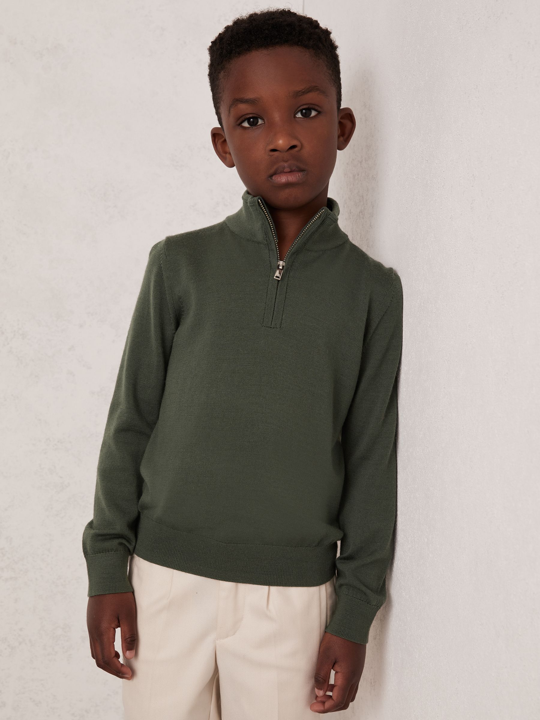 9-13 yrs Merino Wool Half-Zip Funnel Neck Jumper in Kale Green - Image 1 of 4 9-13 yrs Merino Wool Half-Zip Funnel Neck Jumper in Kale Green - Image 1 of 4