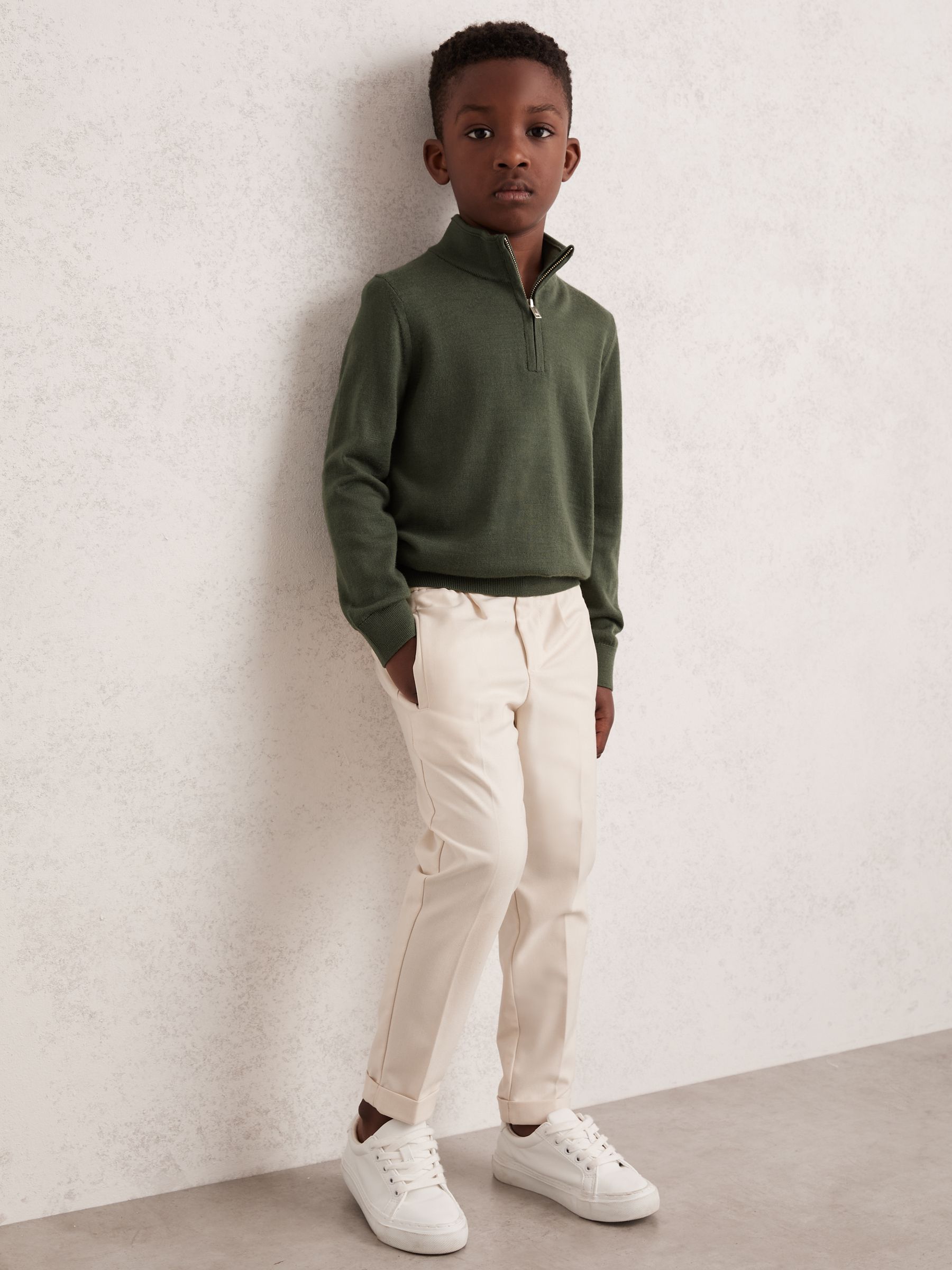 9-13 yrs Merino Wool Half-Zip Funnel Neck Jumper in Kale Green - Image 3 of 4