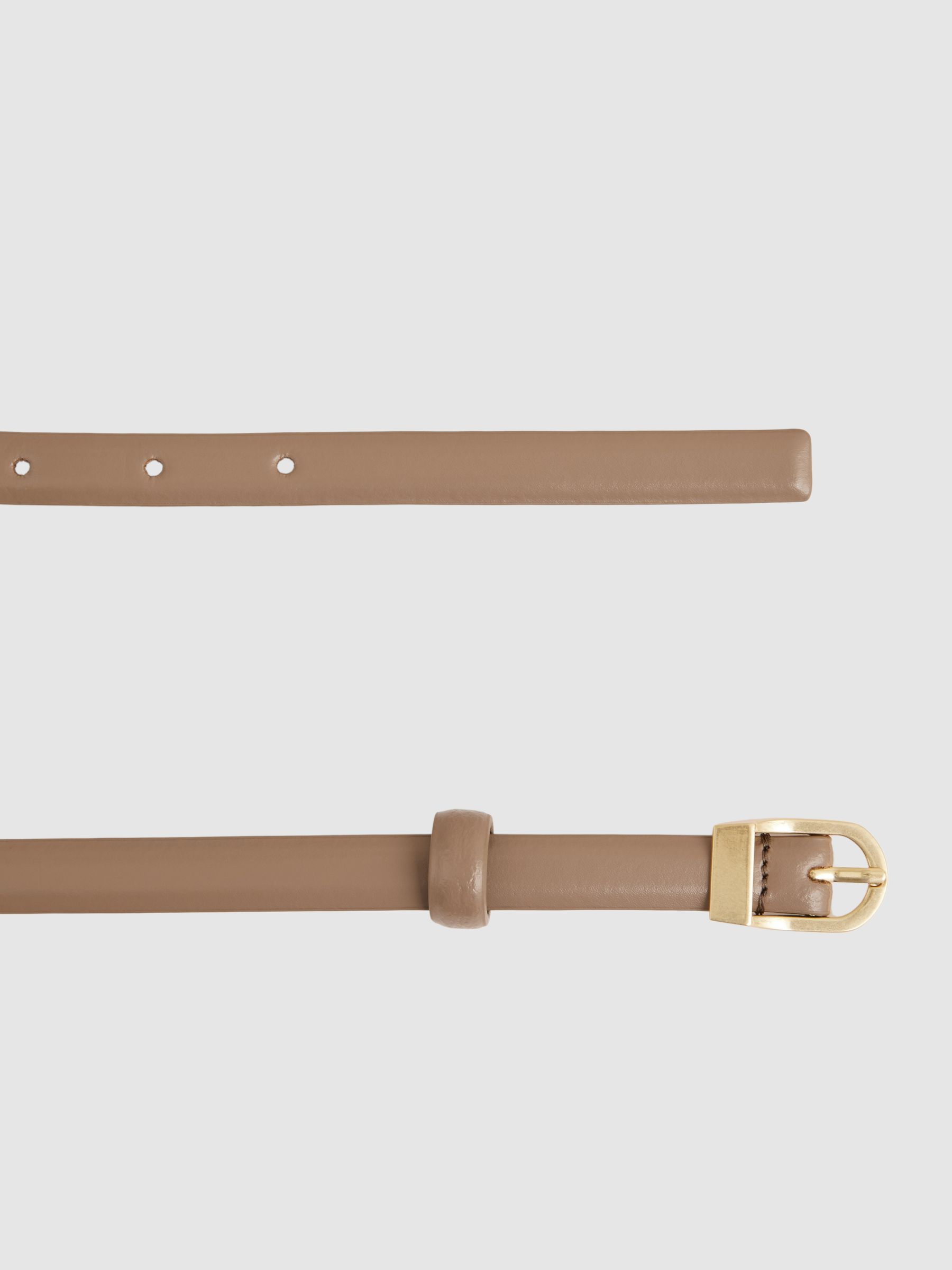 Leather Curved-Buckle Skinny Belt in Taupe - Image 3 of 4
