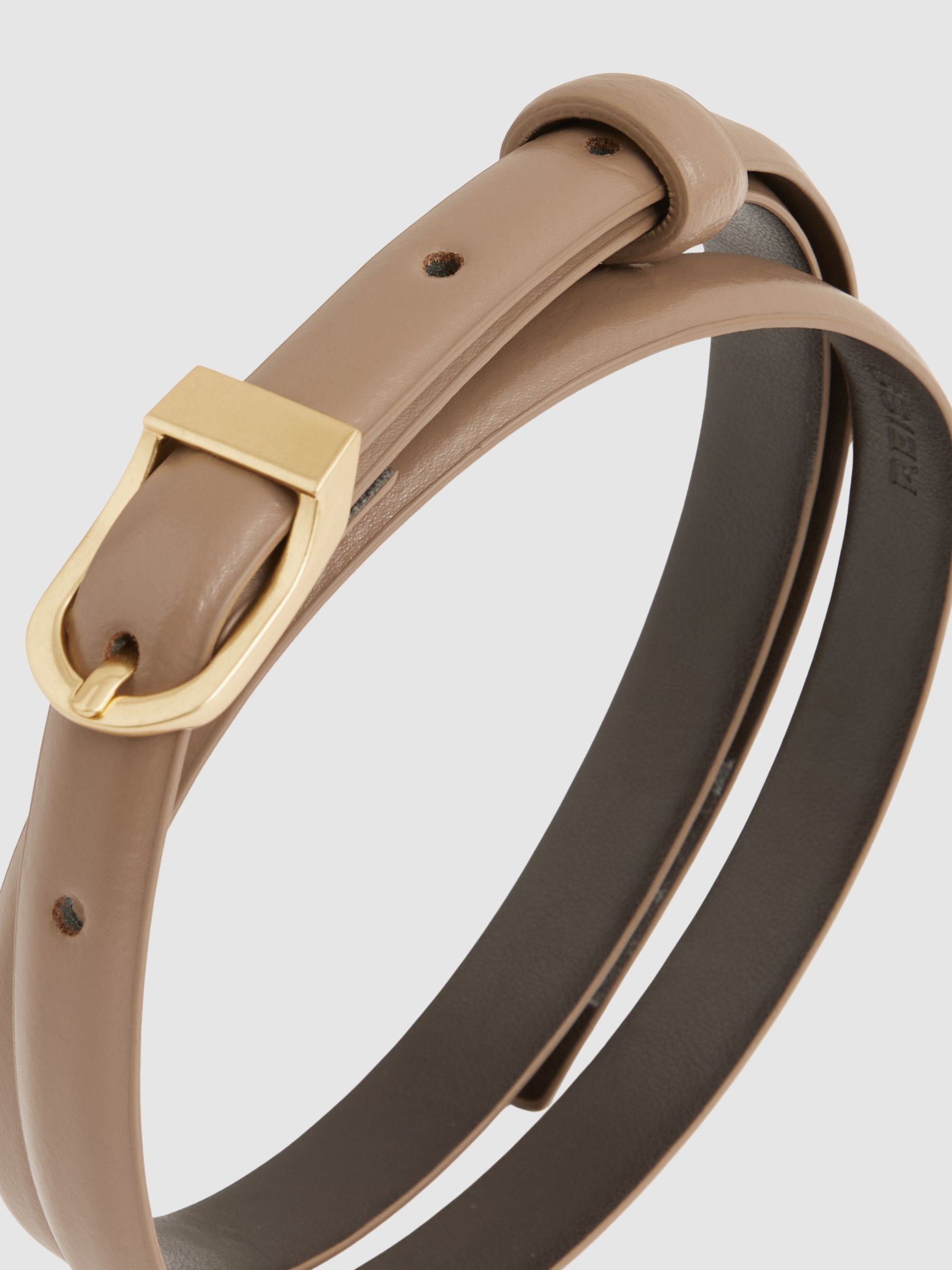 Leather Curved-Buckle Skinny Belt in Taupe - Image 4 of 4