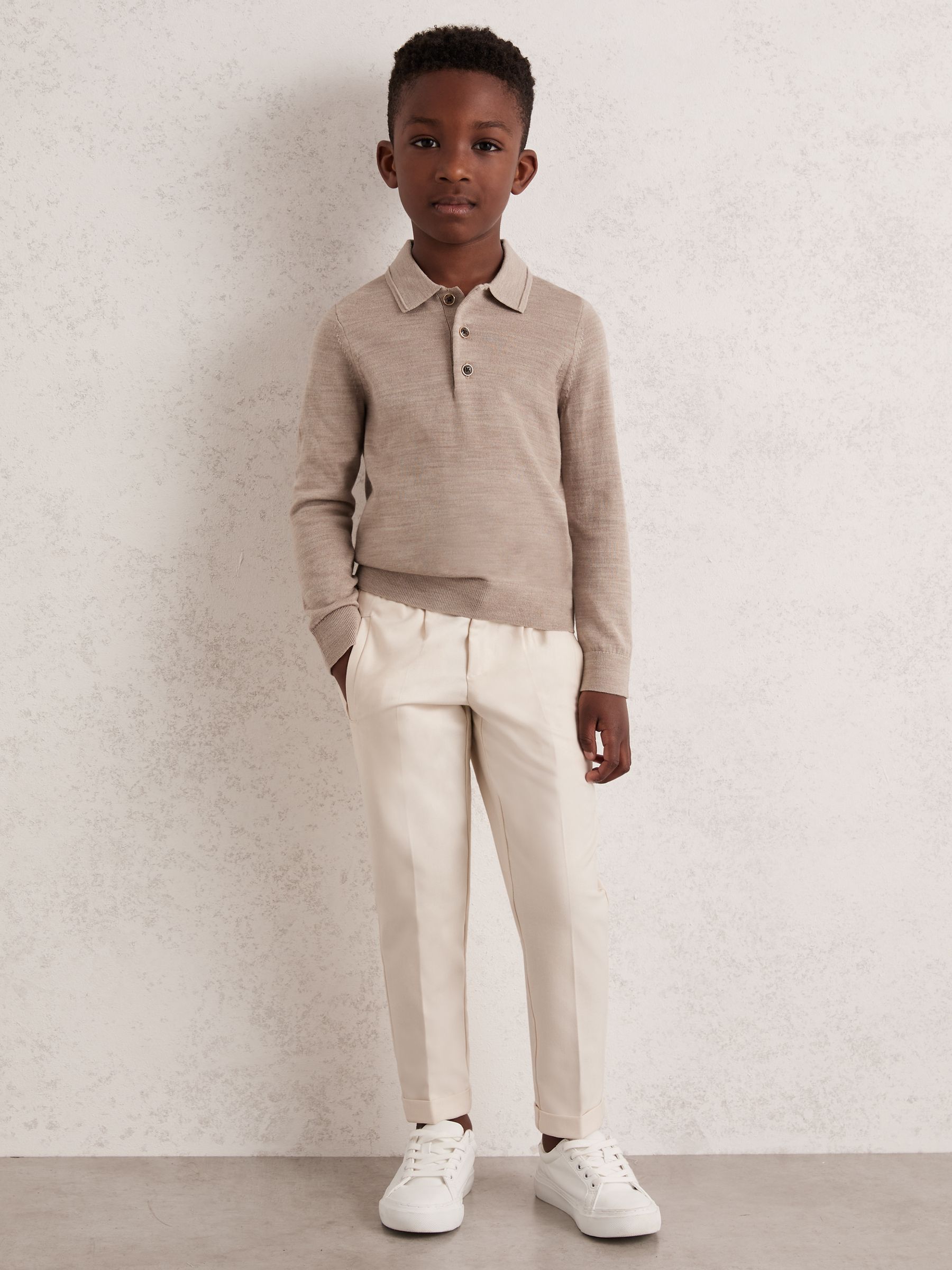 4-9 yrs Merino Wool Long Sleeve Polo Shirt in Wheat Melange - Image 1 of 4 4-9 yrs Merino Wool Long Sleeve Polo Shirt in Wheat Melange - Image 1 of 4