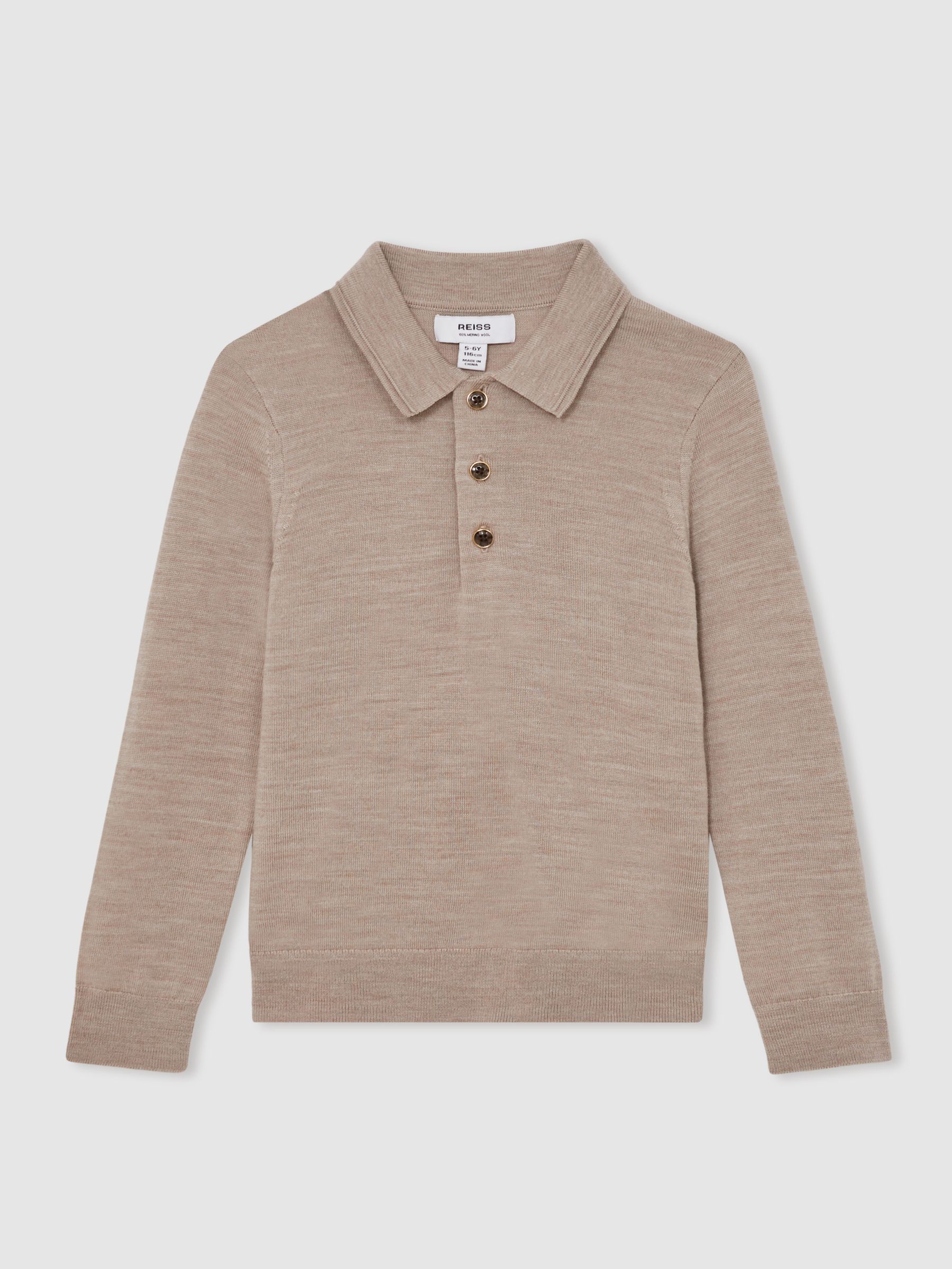 9-13 yrs Merino Wool Long-Sleeve Polo Shirt in Wheat Melange - Image 2 of 4