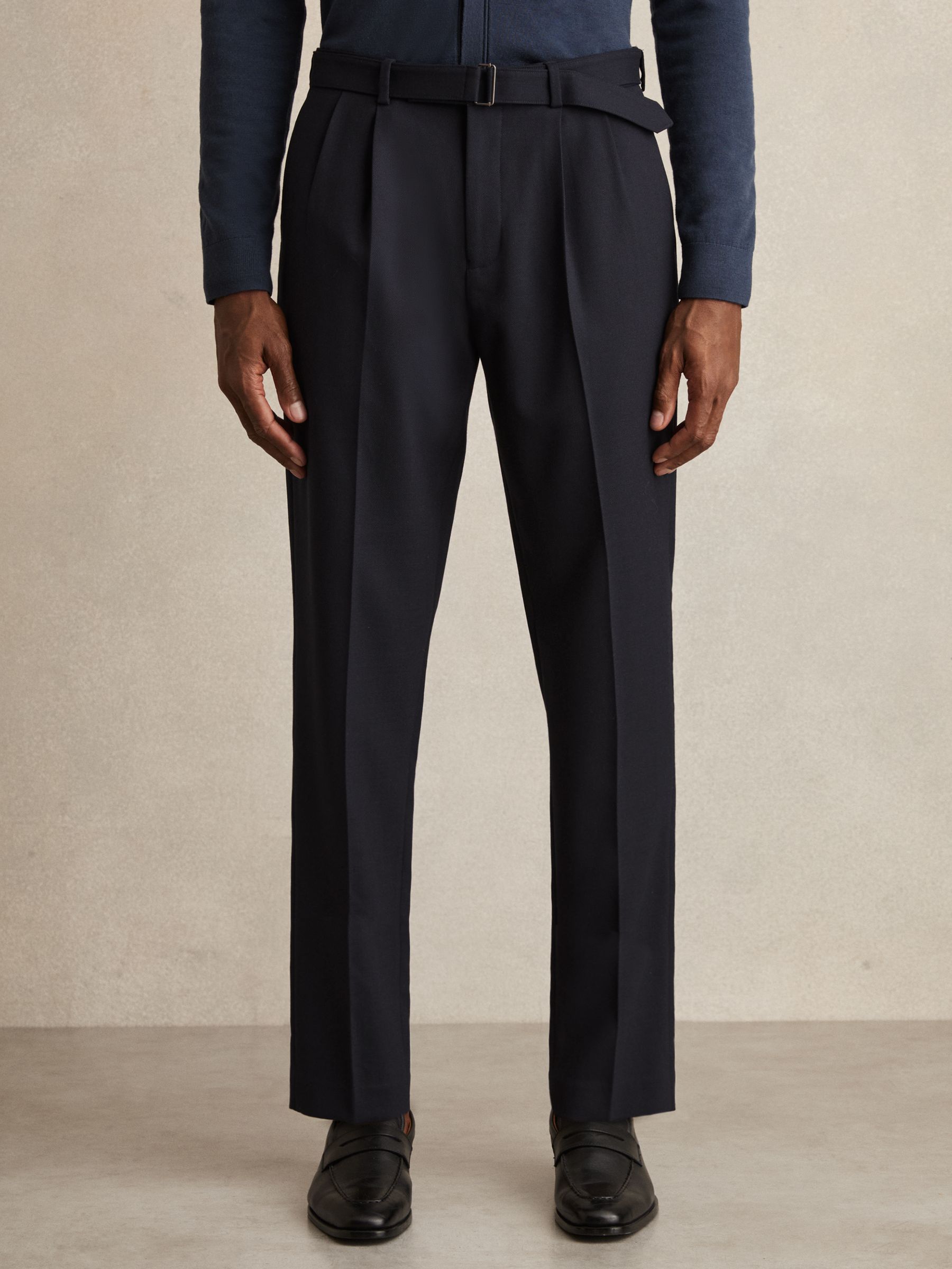 Wool-Blend Belted Pleated Trousers Regular-Fit in Navy - Image 3 of 7