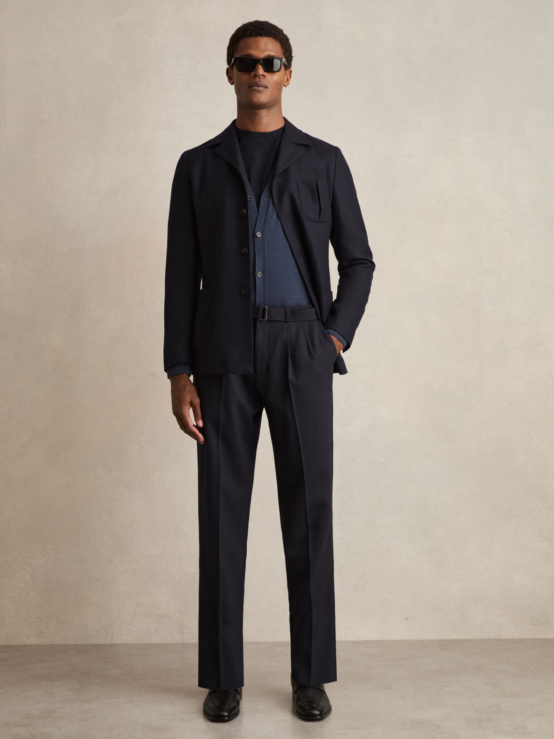 Wool-Blend Tailored-Fit Belted Trousers in Navy - image 4