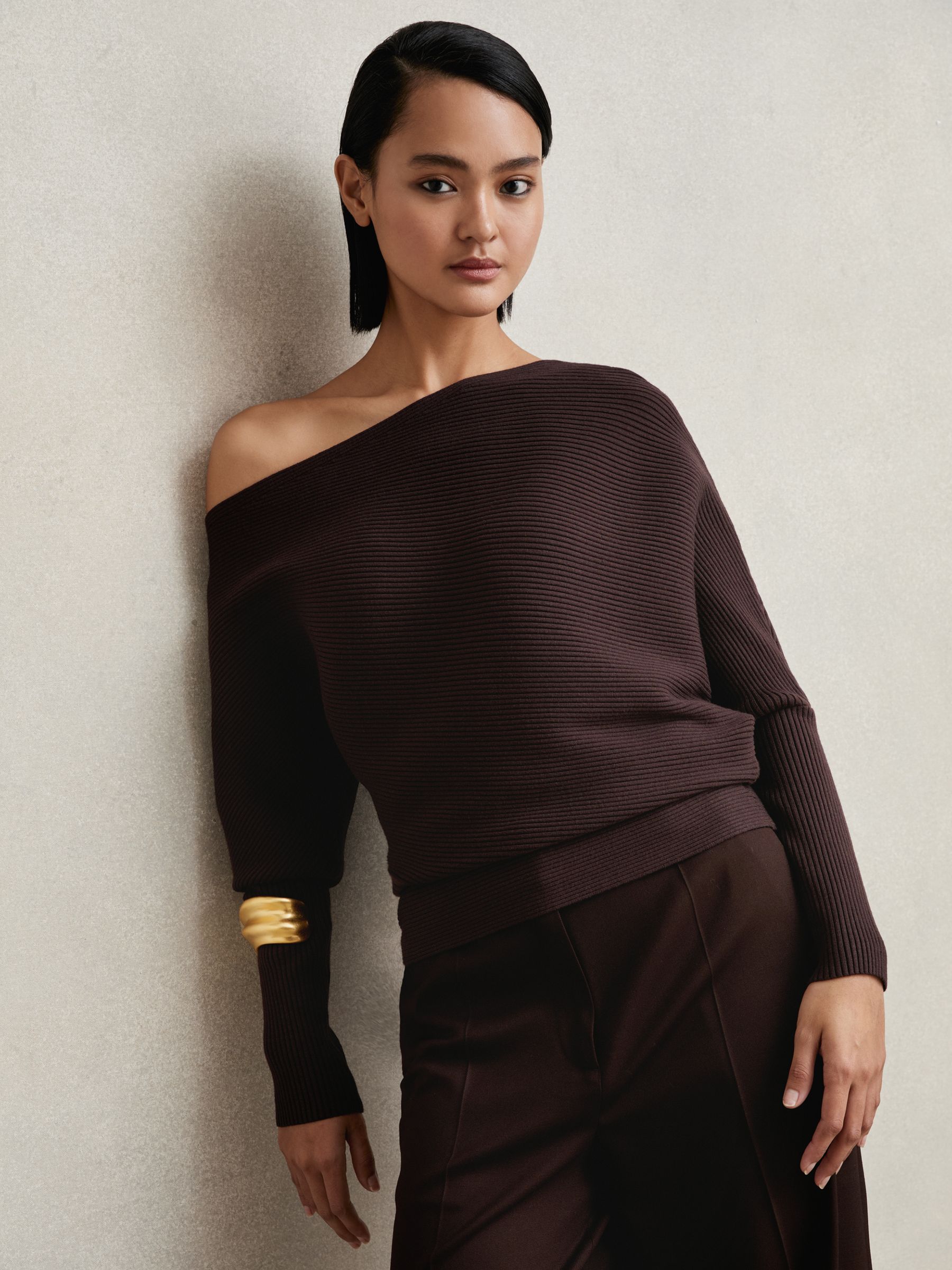 Asymmetric Draped Knitted Jumper in Plum - Image 3 of 7